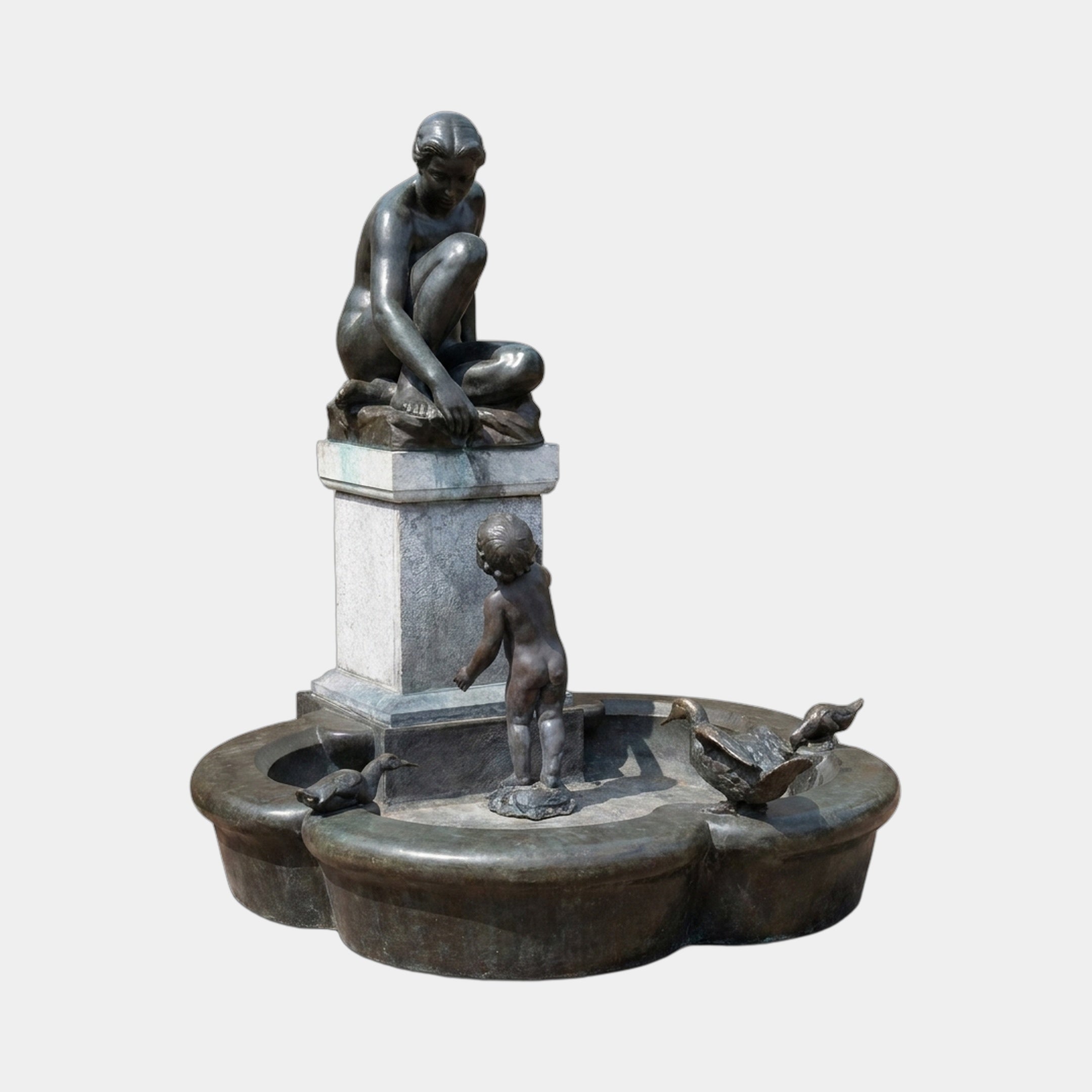 Giant Sculptures Life-Size Classical Seated Woman and Child Bronze Fountain 260cm with crouching nude, child and four ducks on a scalloped stone basin.