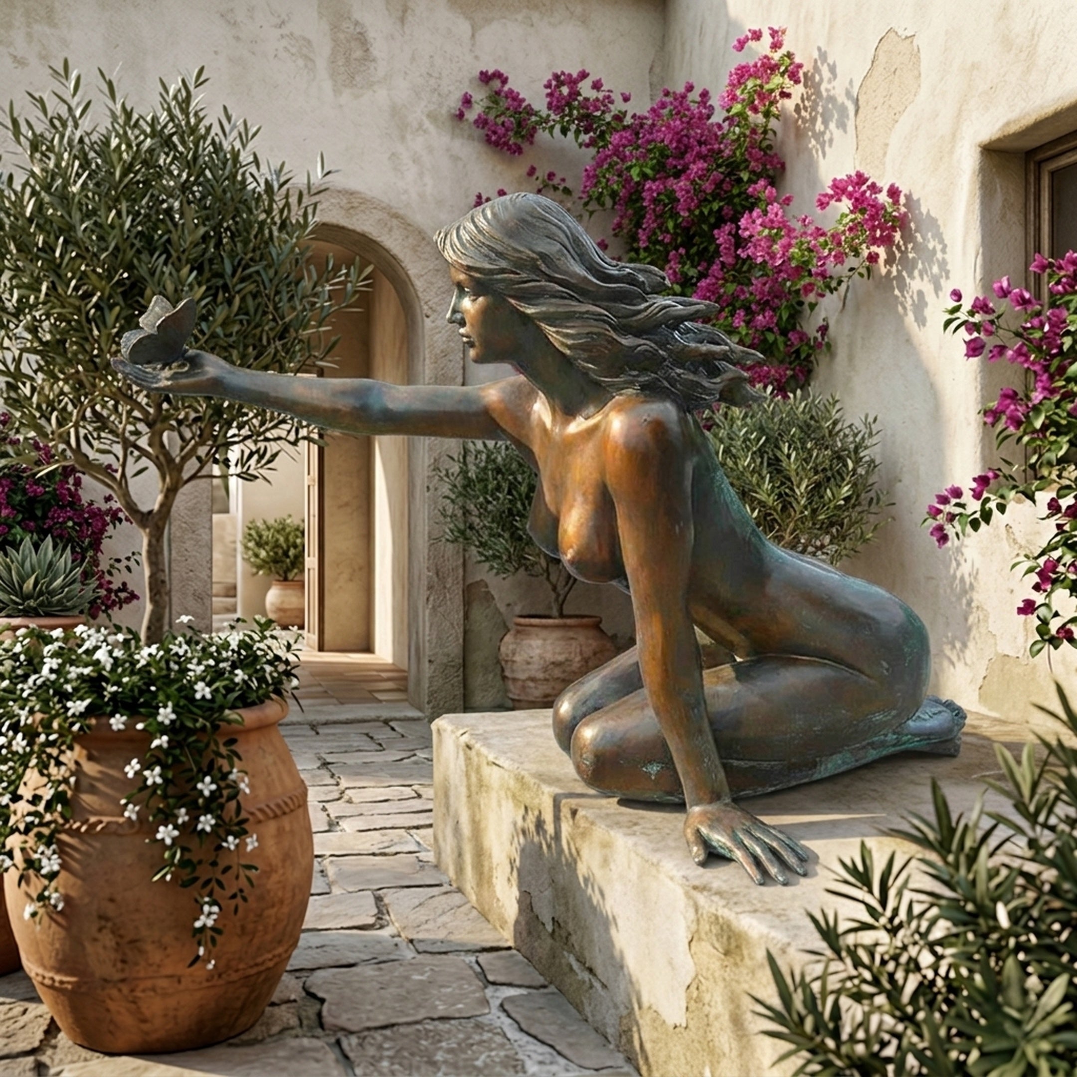 Life-Size Classical Seated Woman Bronze Sculpture by Giant Sculptures with warm brown and verdigris patina, holding a butterfly, in a Mediterranean courtyard.