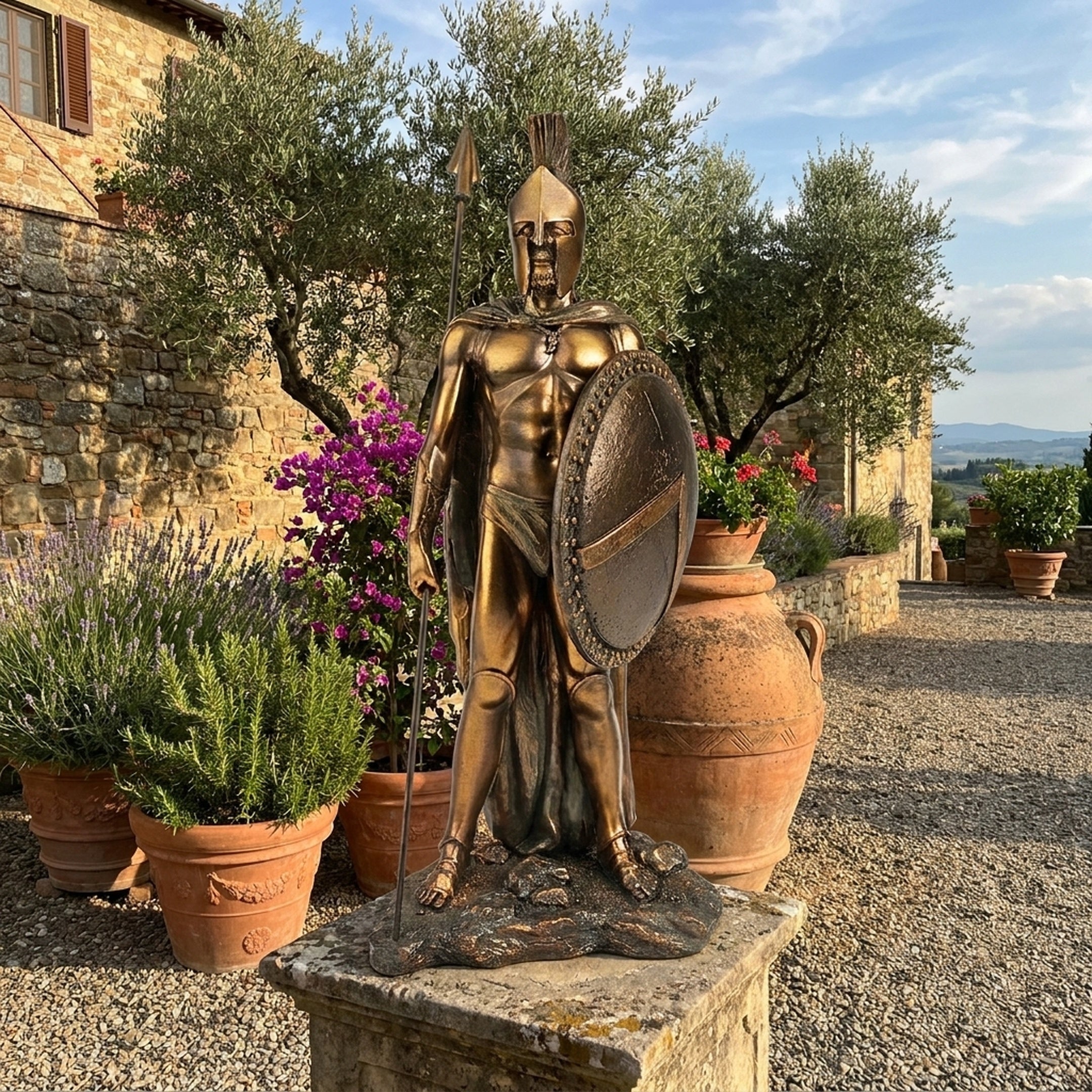 Giant Sculptures Life-Size Classical Spartan Warrior Bronze Sculpture 190cm with spear and shield, displayed on a stone plinth in a Tuscan courtyard.