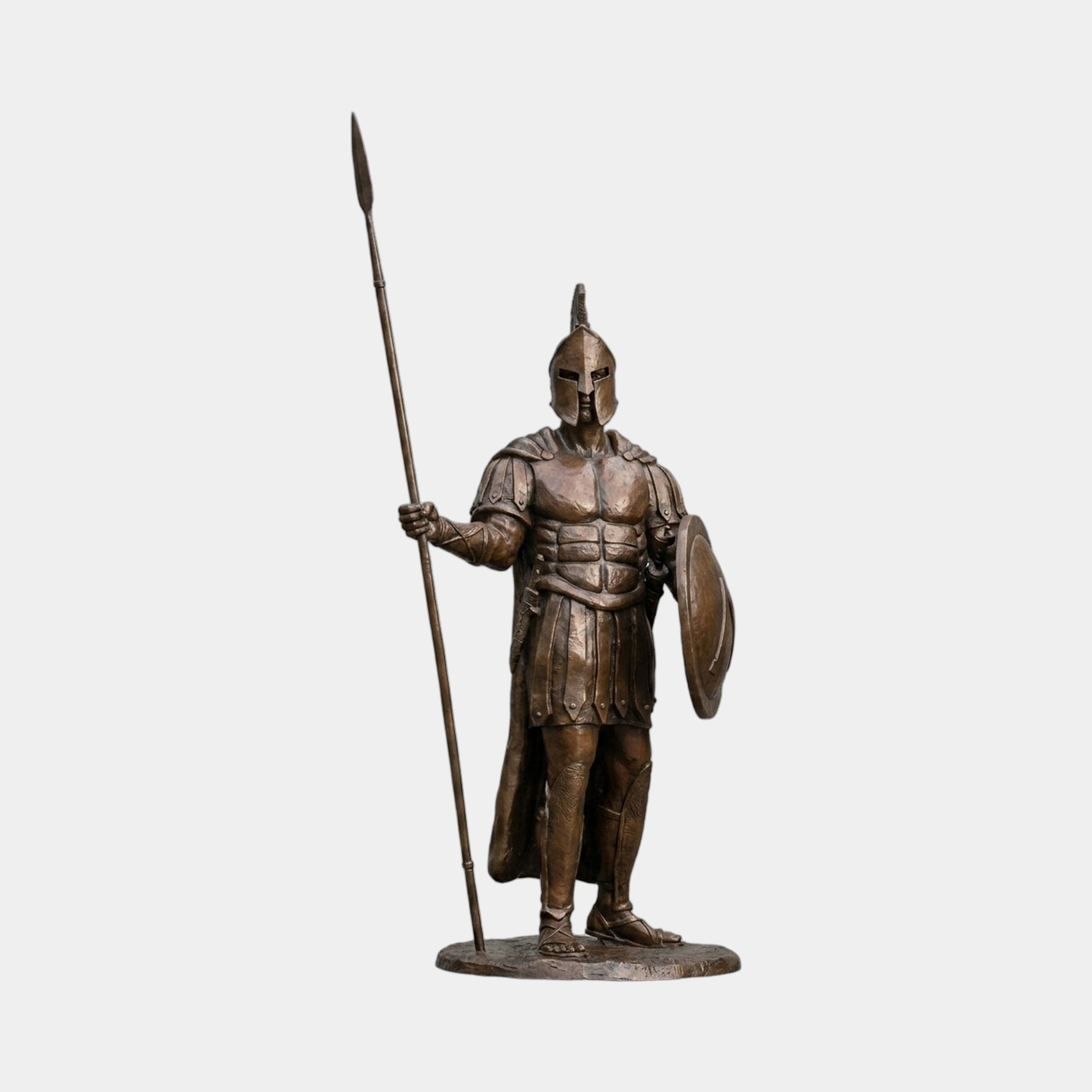 Life-Size Classical Spartan Warrior Bronze Statue by Giant Sculptures, 250cm hoplite in Corinthian helmet holding an upright spear and round shield, dark patina.