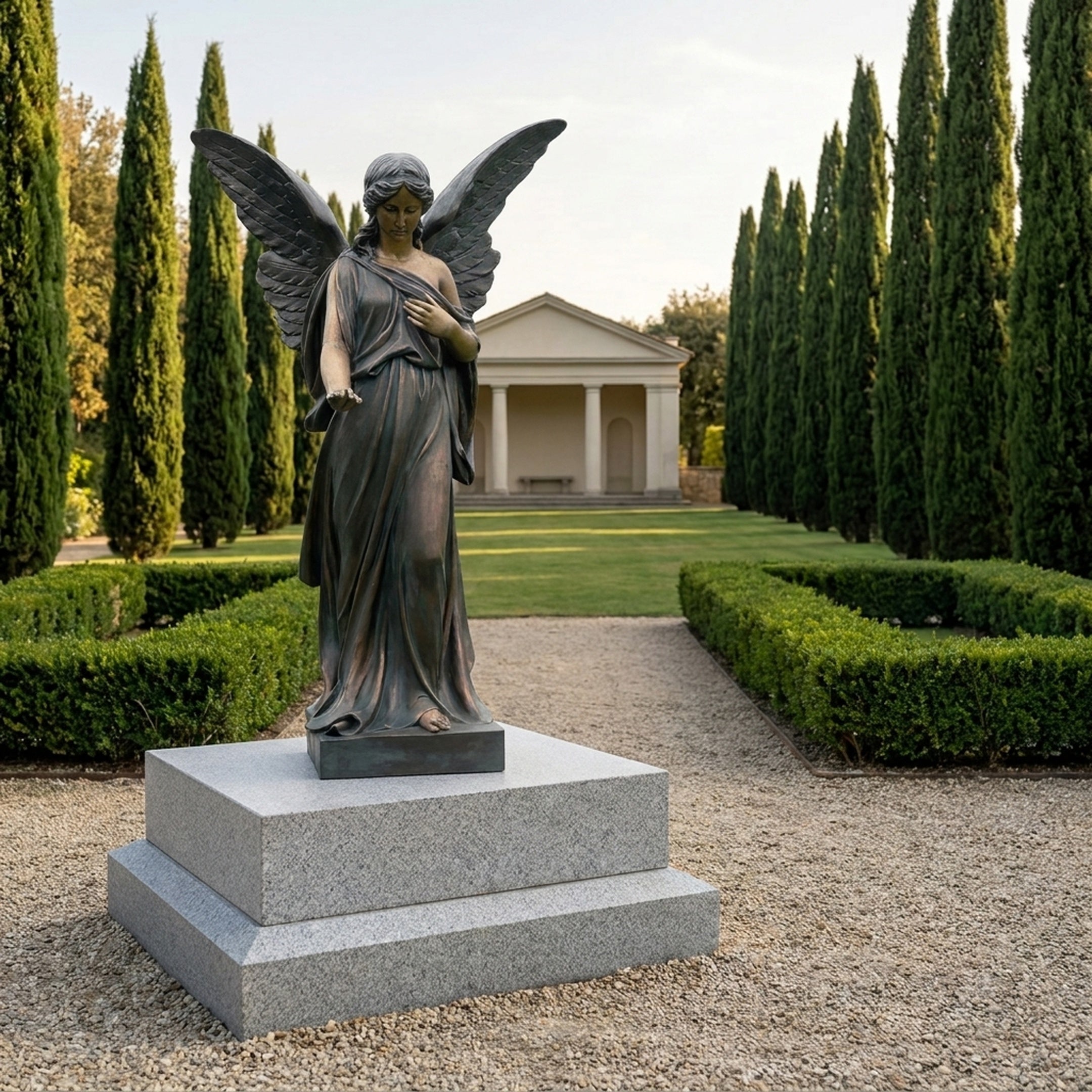 Life-Size Classical Standing Angel Bronze Sculpture by Giant Sculptures on a stepped granite plinth in a formal cypress-lined garden with a classical pavilion behind.