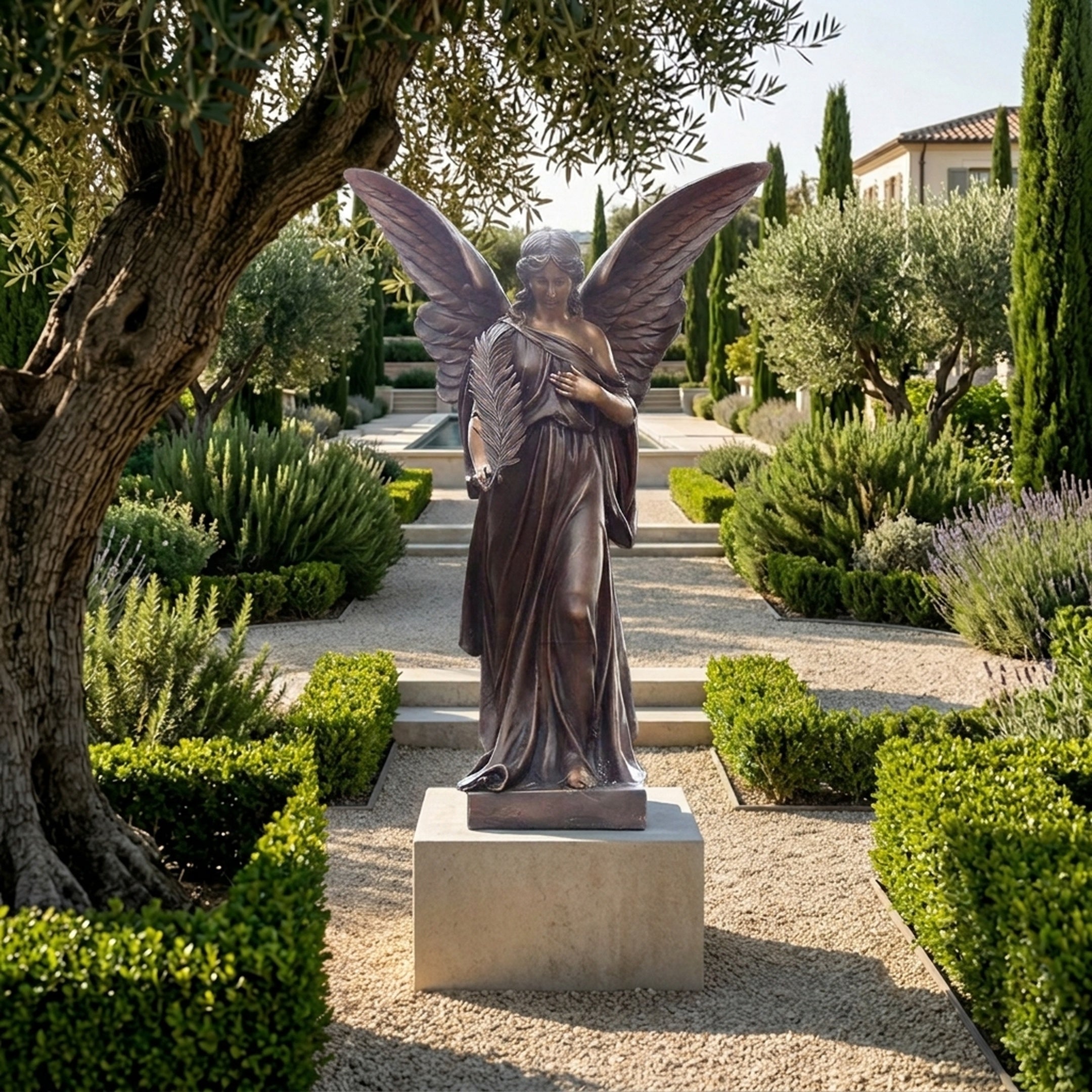 Life-Size Classical Standing Angel Bronze Sculpture by Giant Sculptures, 220cm, wings spread wide, on a stone plinth in a formal Mediterranean garden.