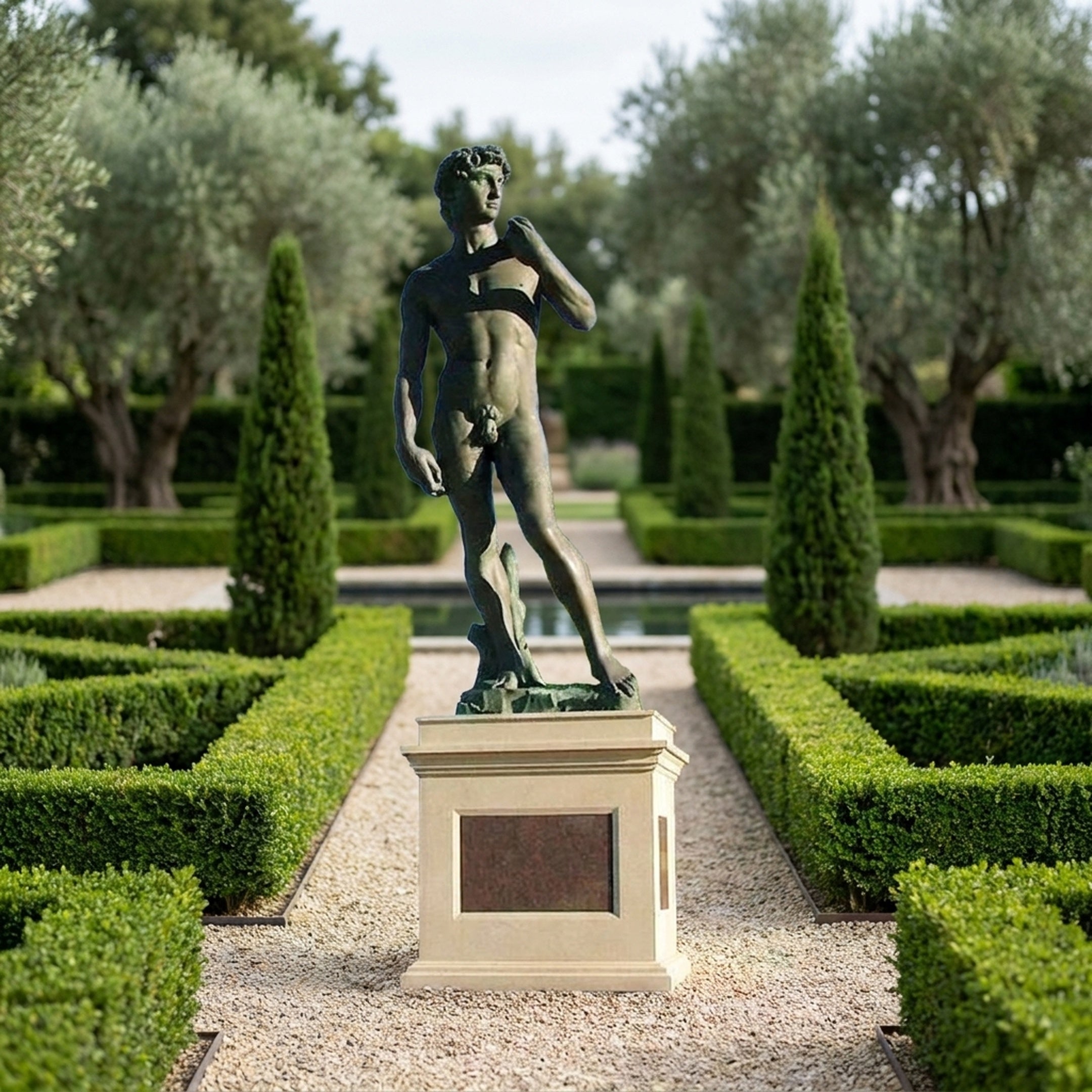 Life-Size Classical Standing David Bronze Statue by Giant Sculptures on a stone plinth, displayed along a gravel path in a formal boxwood garden.