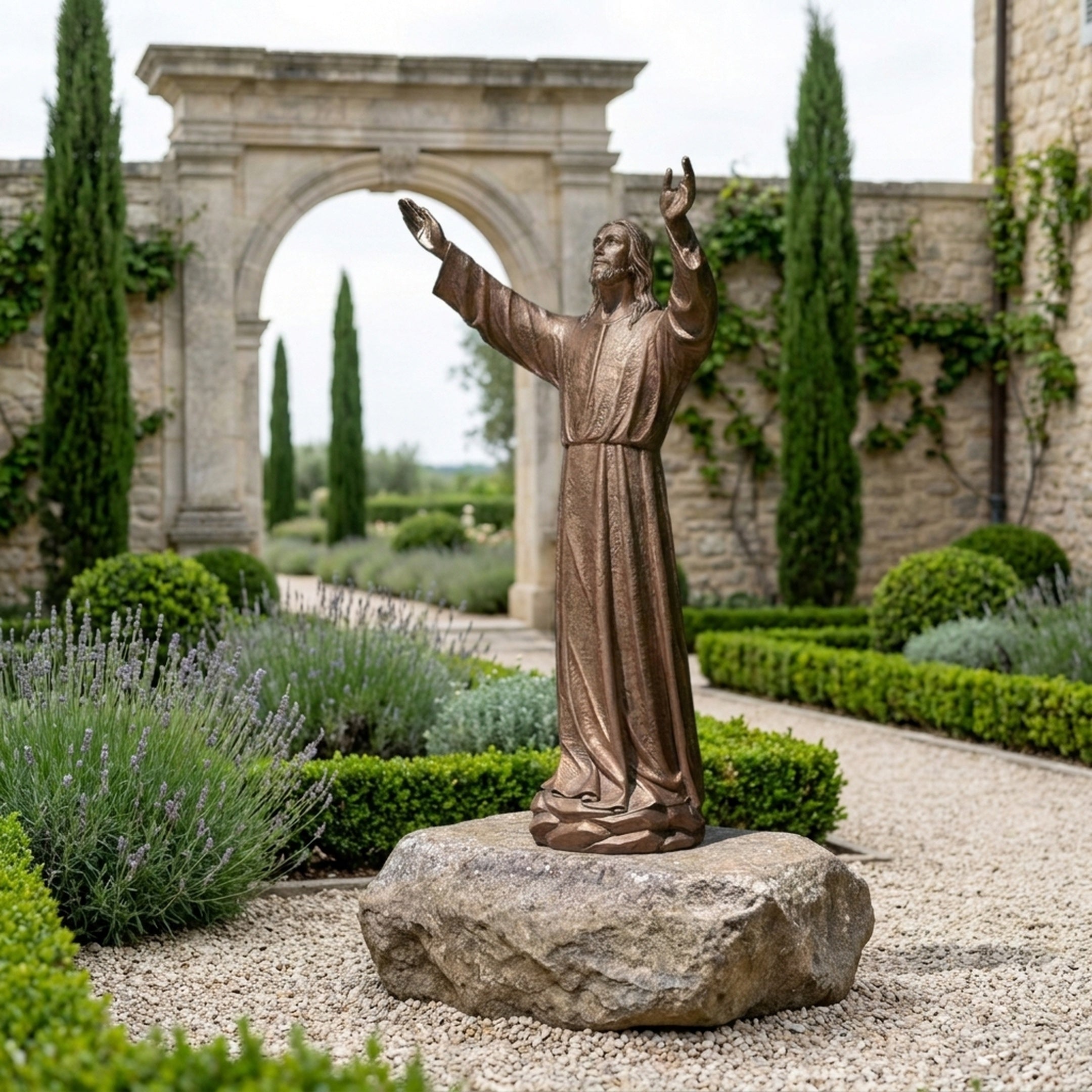 Life-Size Classical Standing Jesus Christ Bronze Sculpture by Giant Sculptures, arms raised on a stone boulder in a formal garden with lavender and cypress.