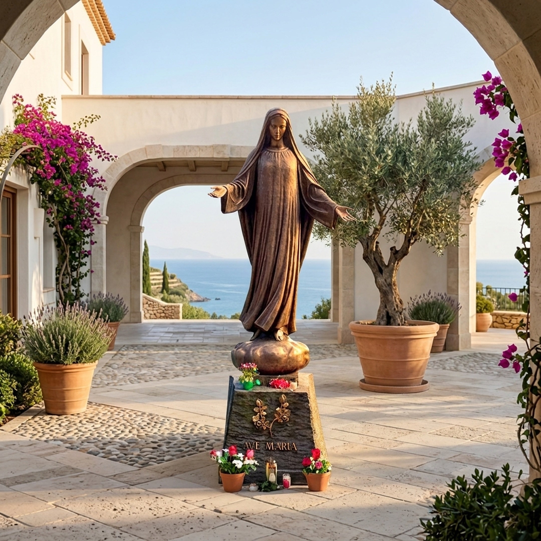 Life-Size Classical Standing Virgin Mary Bronze Statue by Giant Sculptures, 280cm, on granite AVE MARIA pedestal in a Mediterranean courtyard overlooking the sea.
