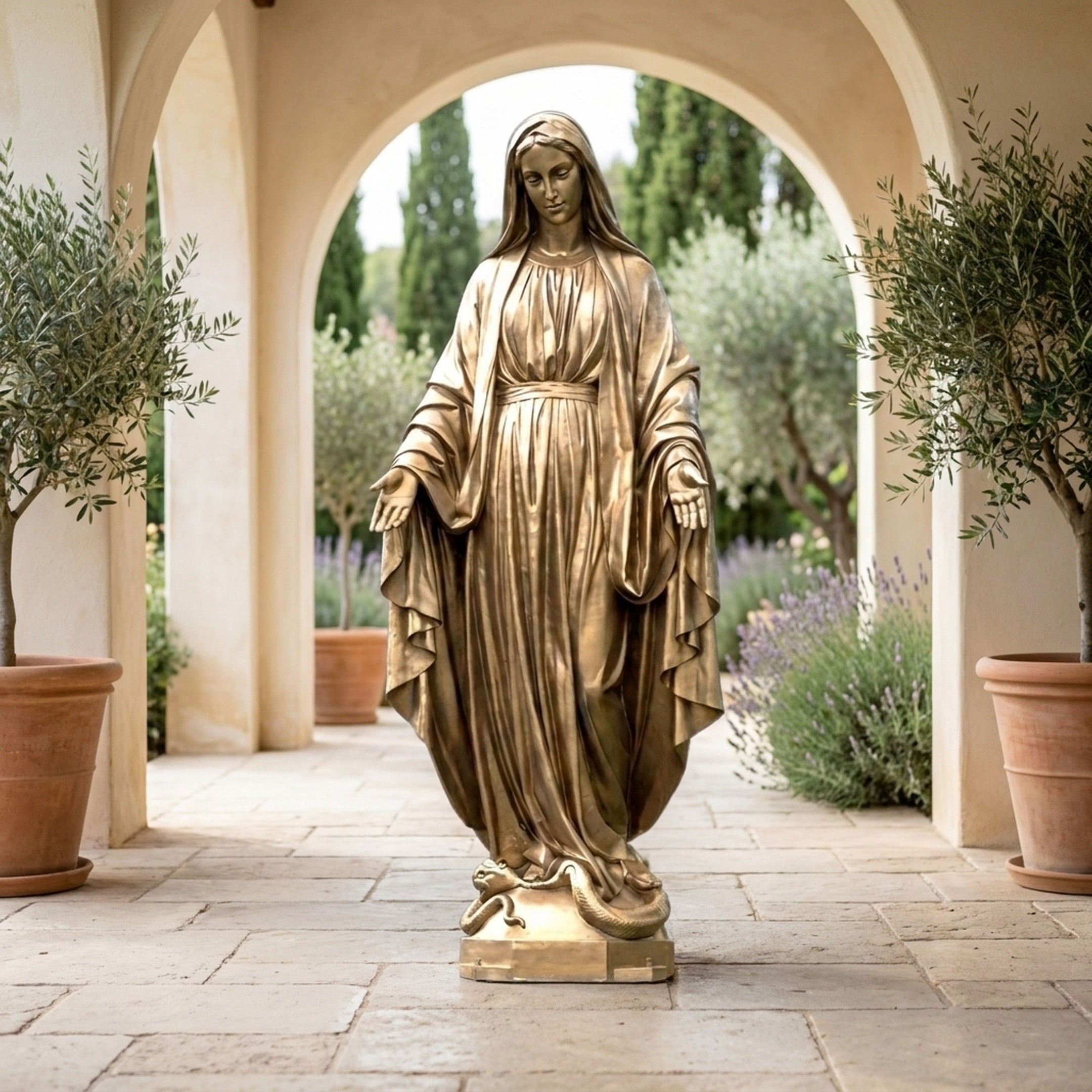 Life-Size Classical Virgin Mary Bronze Statue by Giant Sculptures, 300cm golden-bronze figure with open palms and serpent at base, set in an arched garden walkway.