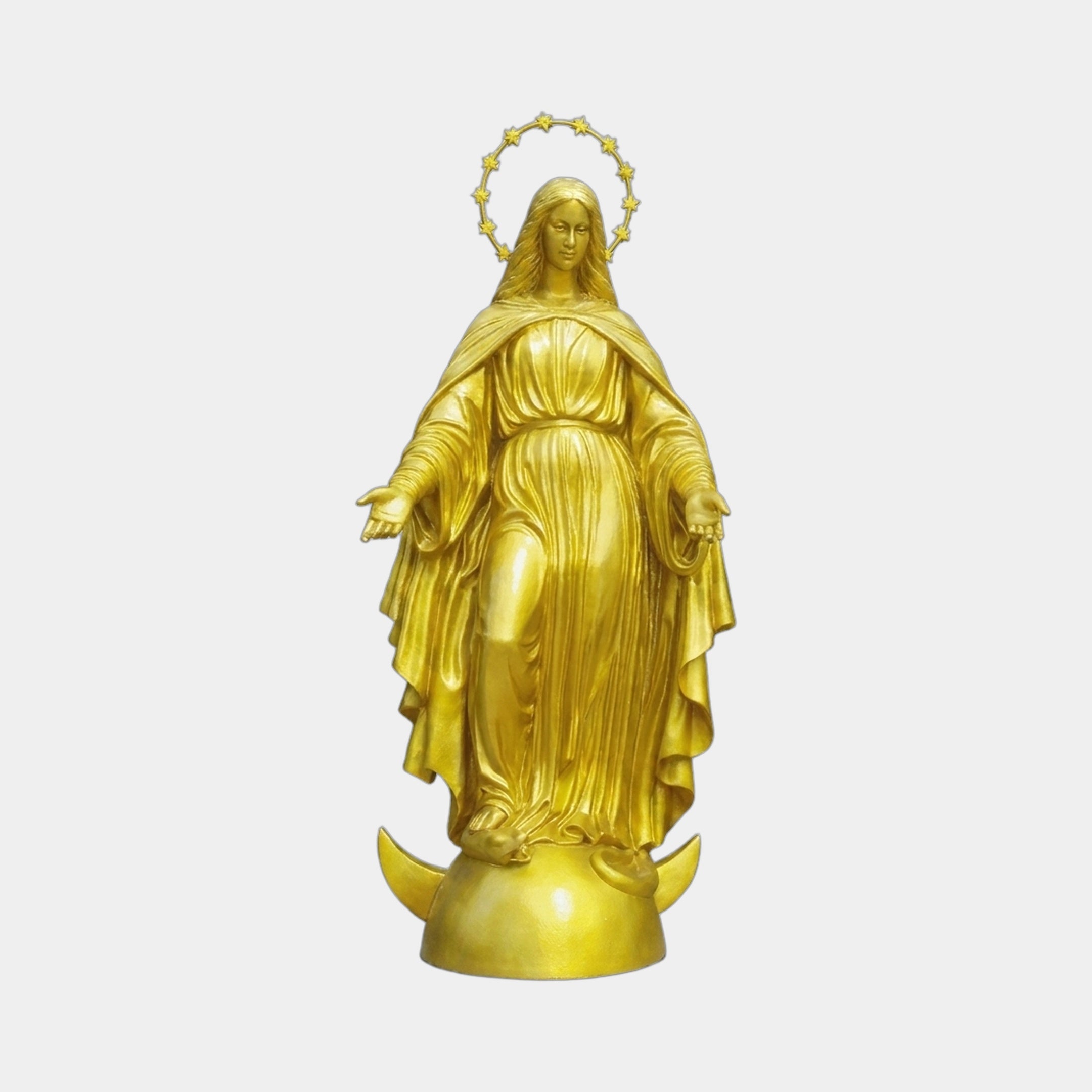 Life-Size Classical Virgin Mary Standing on Crescent Moon Bronze Statue by Giant Sculptures in gold finish with star halo, shown front-facing on a plain background.