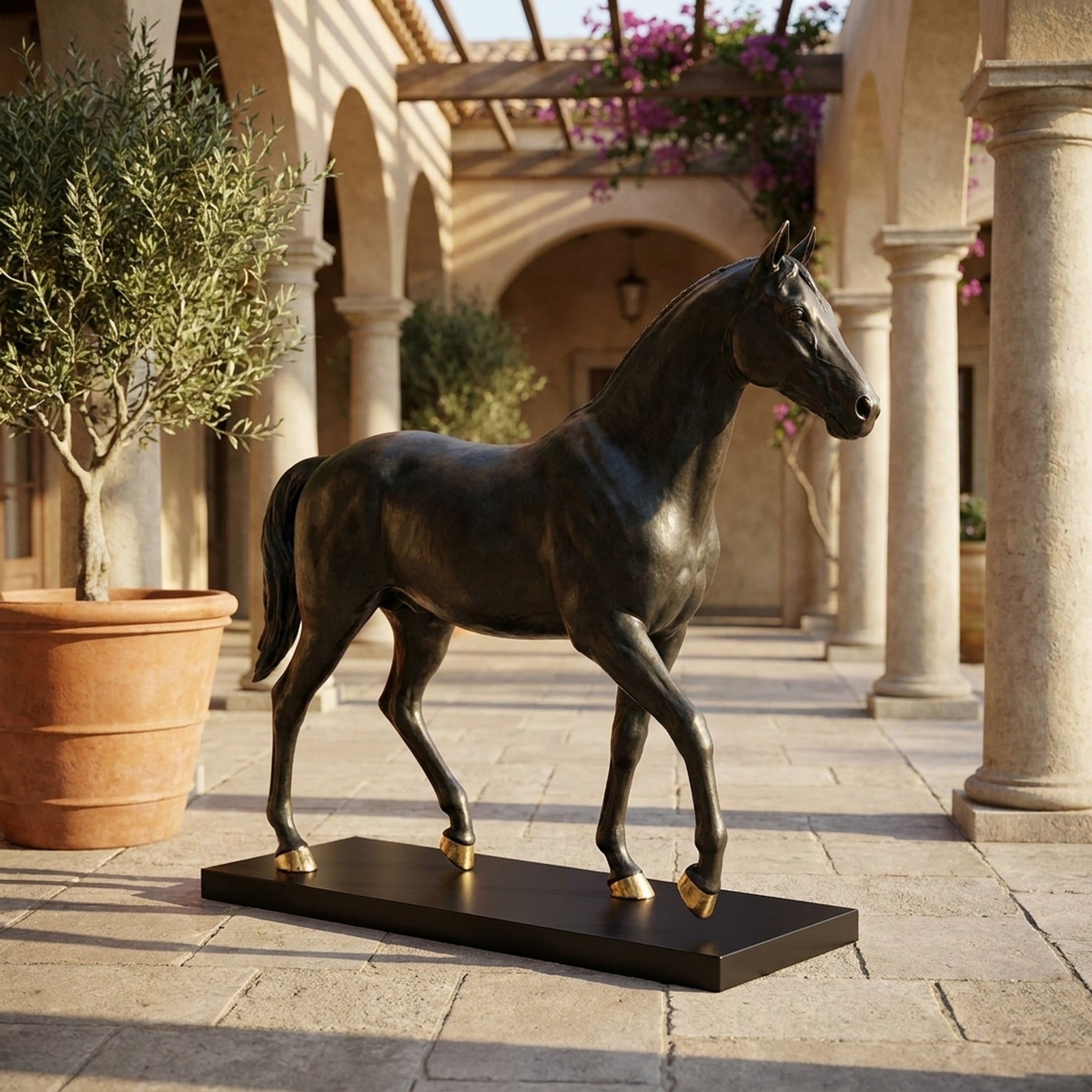 Life-Size Classical Walking Horse Bronze Sculpture by Giant Sculptures with dark patina and gold hooves, displayed in a Mediterranean courtyard with olive tree and stone columns.