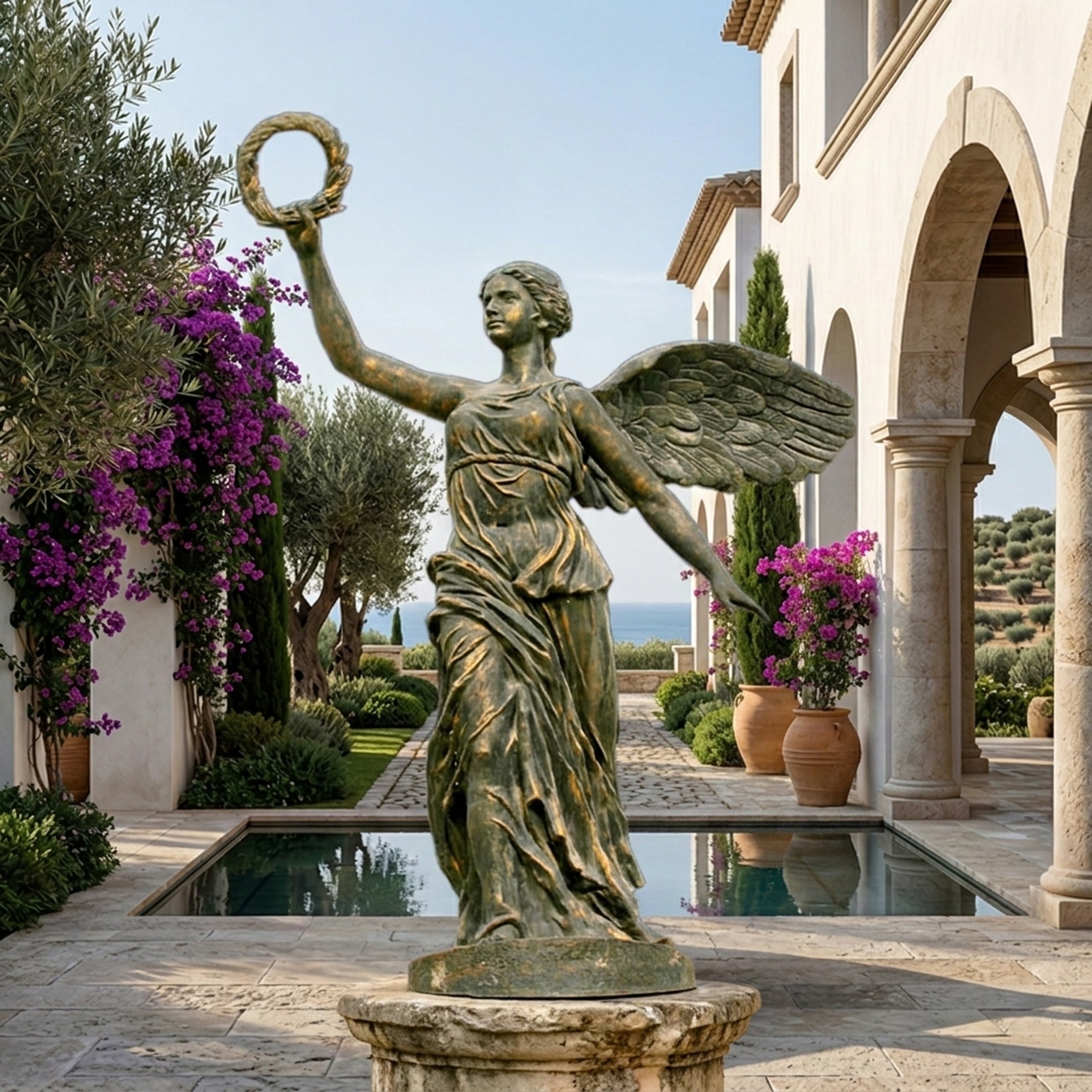 Life-Size Classical Winged Angel Bronze Sculpture by Giant Sculptures on a stone plinth beside a reflecting pool in a Mediterranean villa courtyard.