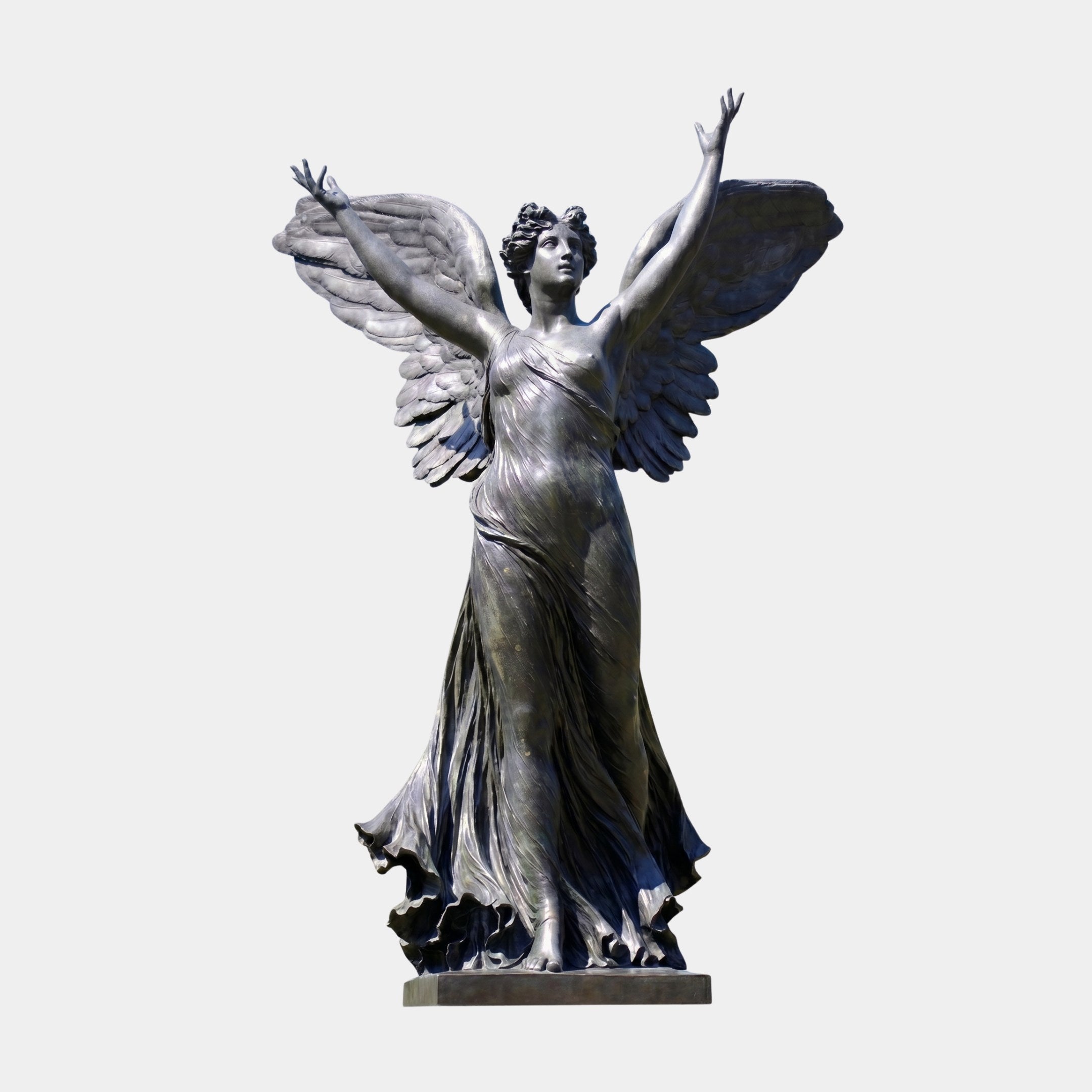 Life-Size Classical Winged Angel Bronze Statue by Giant Sculptures, 300cm robed female figure with spread wings and both arms raised, on a plain background.