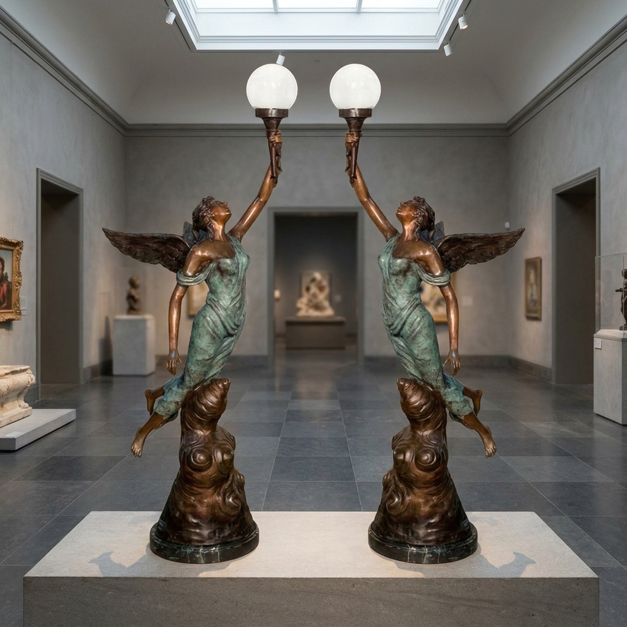 Life-Size Classical Winged Angel Pair Floor Lamp Bronze Sculpture by Giant Sculptures, mirrored figures with verdigris drapery raising frosted globe lamps in a gallery.