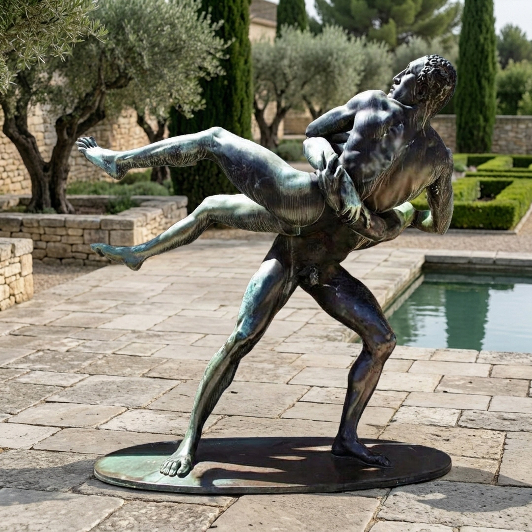 Life-Size Classical Wrestlers Bronze Sculpture by Giant Sculptures, two nude male figures locked mid-throw with verdigris patina, displayed on a poolside terrace.