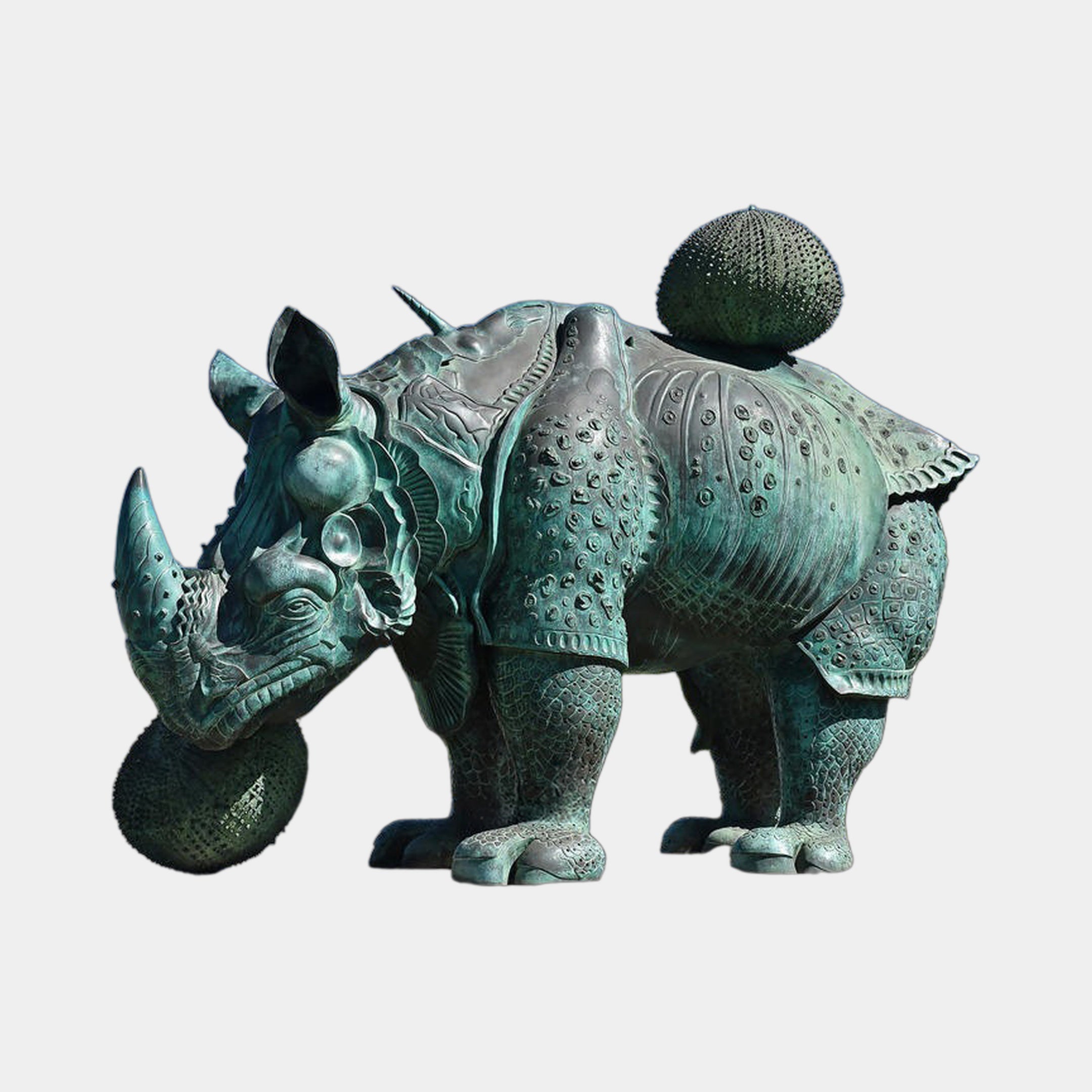 Life-Size Contemporary Armoured Rhinoceros Bronze Sculpture by Giant Sculptures in verdigris patina, side view with studded plating and spherical urchin forms.
