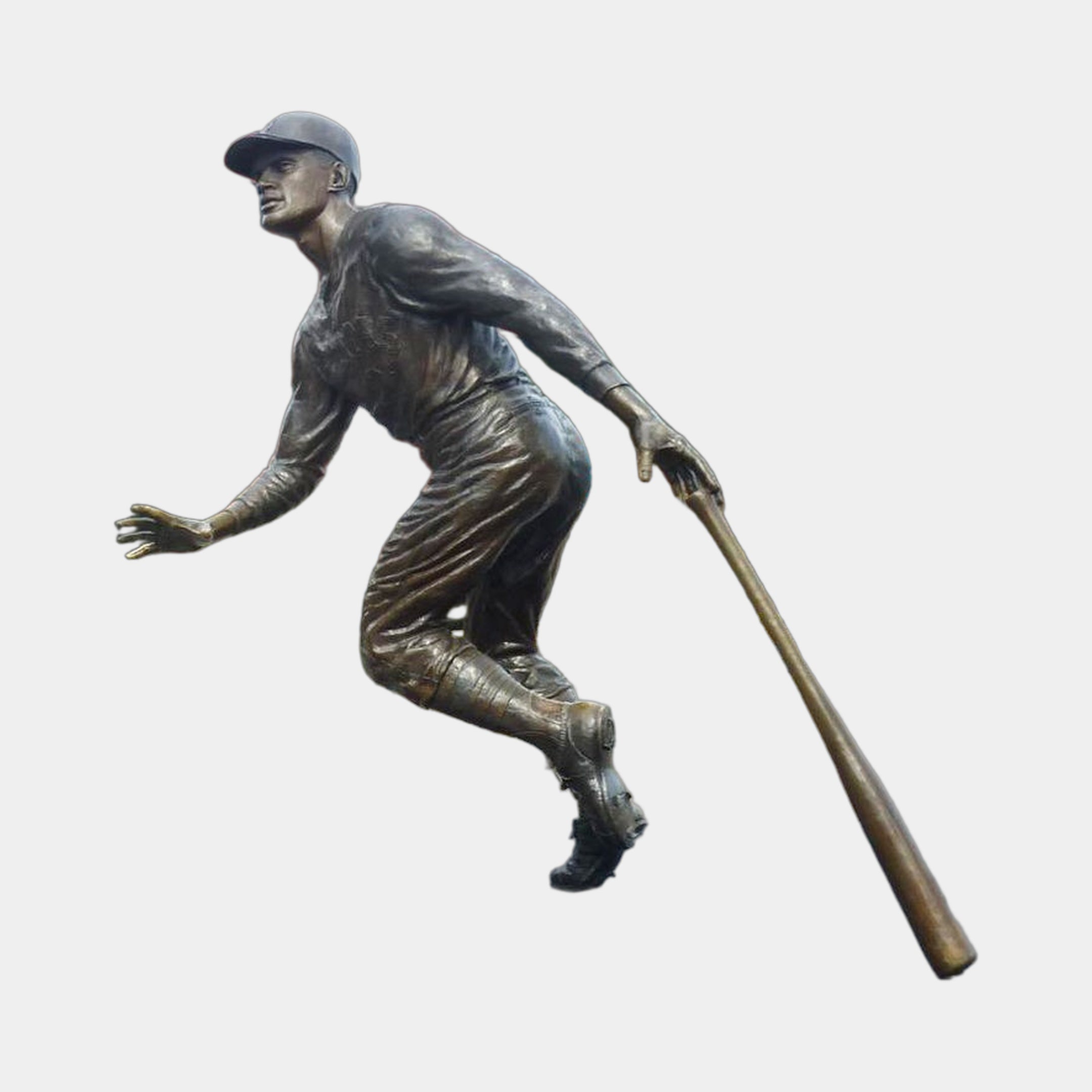 Giant Sculptures Life-Size Contemporary Baseball Player Bronze Statue 250cm in dark brown patina, shown mid-stride with bat angled low, on a plain background.