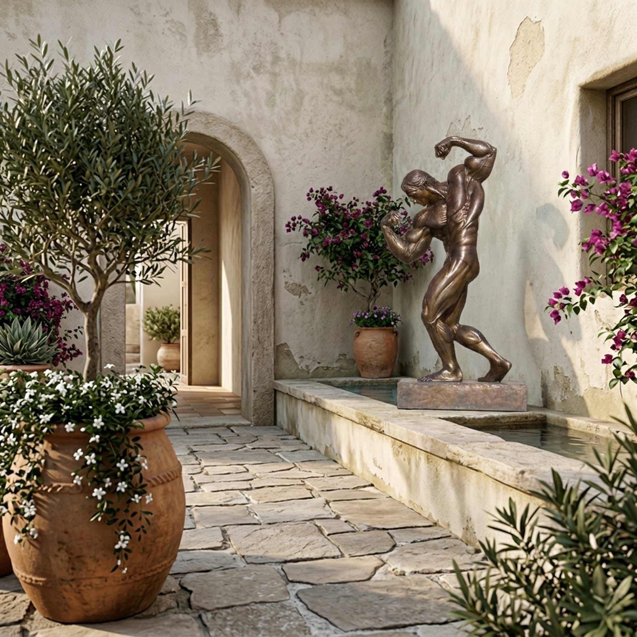 Life-Size Contemporary Bodybuilder Bronze Sculpture by Giant Sculptures in a Mediterranean courtyard beside a stone pool, olive tree, and bougainvillea.