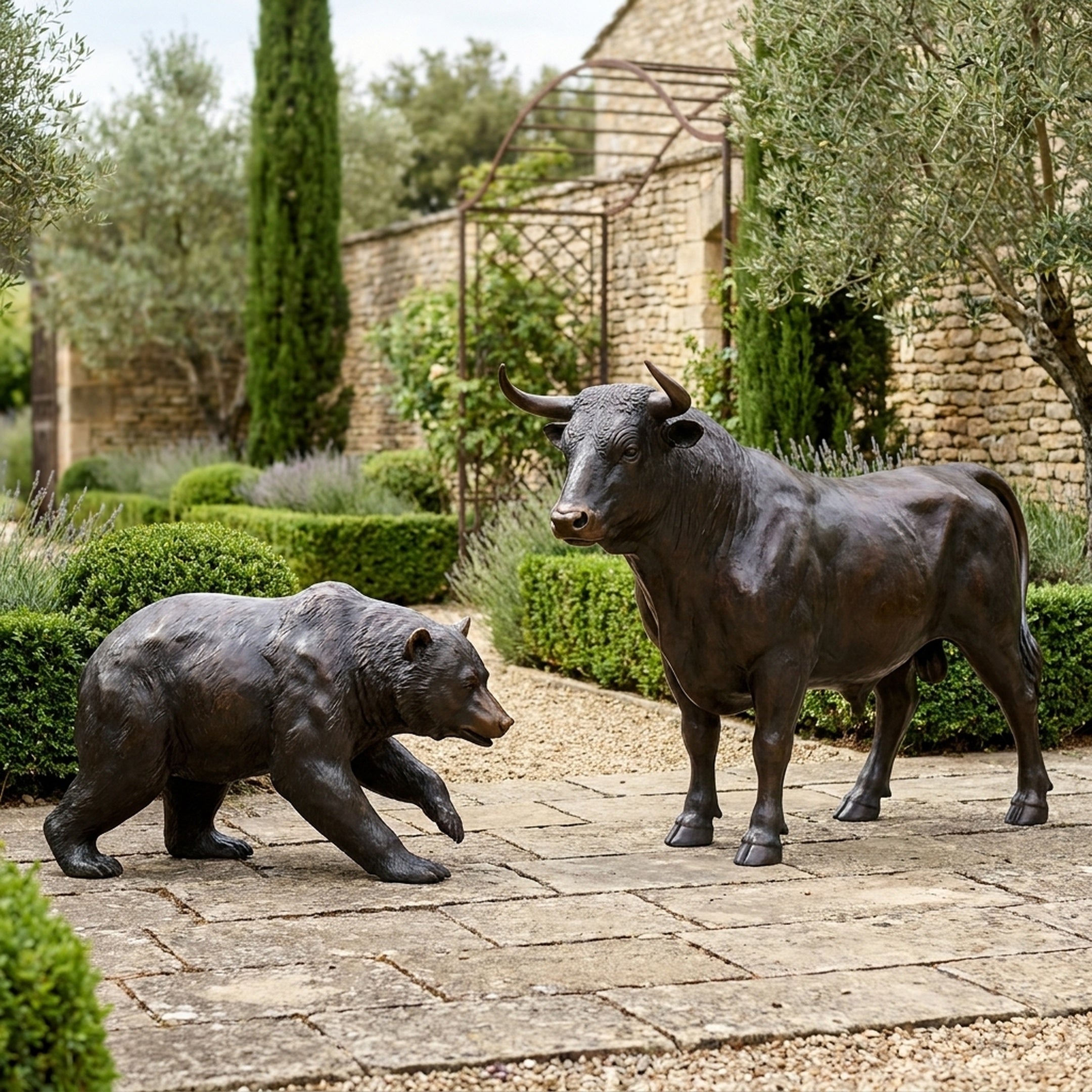 Bronze bear and bull sculptures by Giant Sculptures displayed on a stone garden patio with clipped hedges, lavender, olive trees, and a rustic stone wall behind.