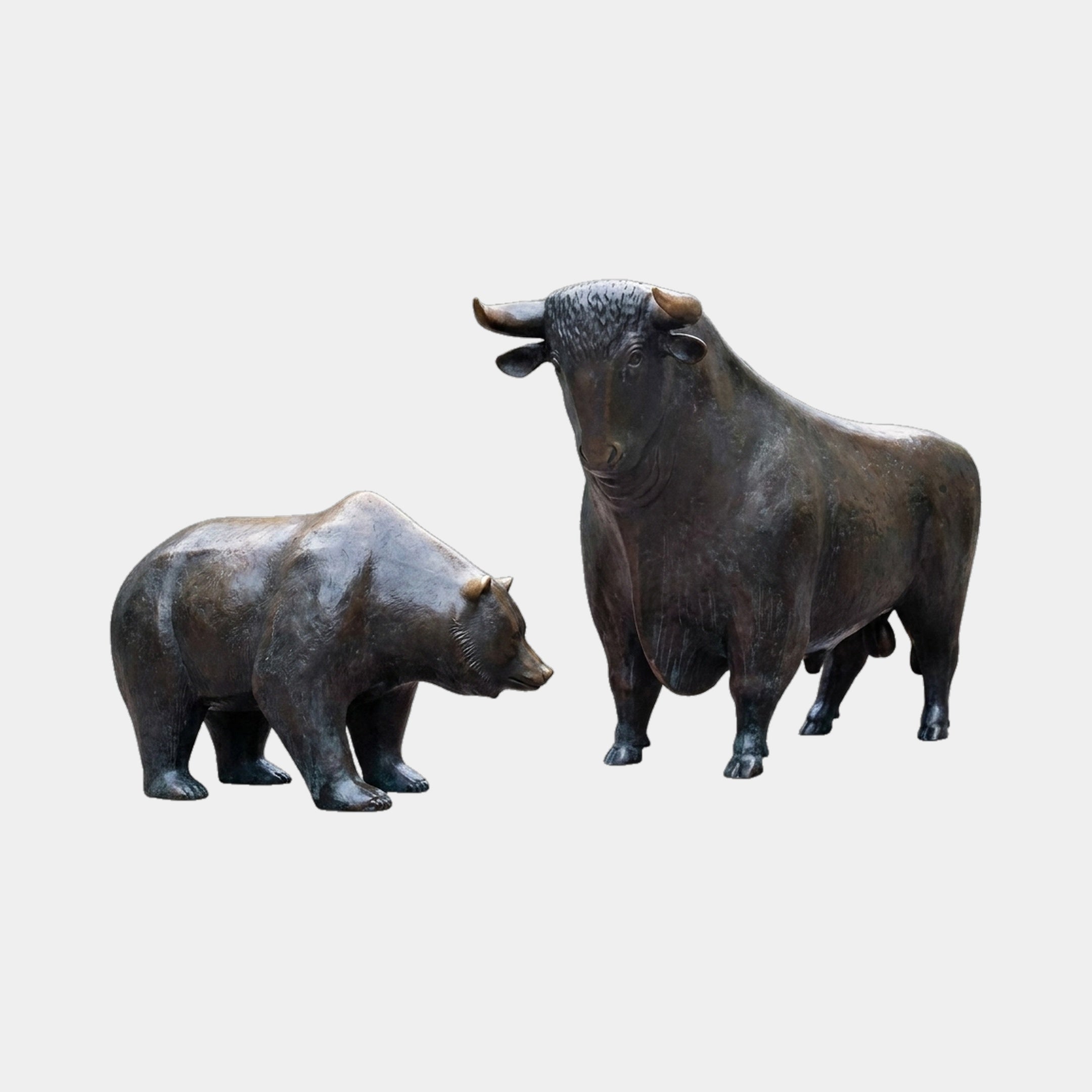 Life-Size Contemporary Confronting Bulls Bronze Sculpture by Giant Sculptures, featuring a standing bull and a bear in dark bronze patina on a plain background.