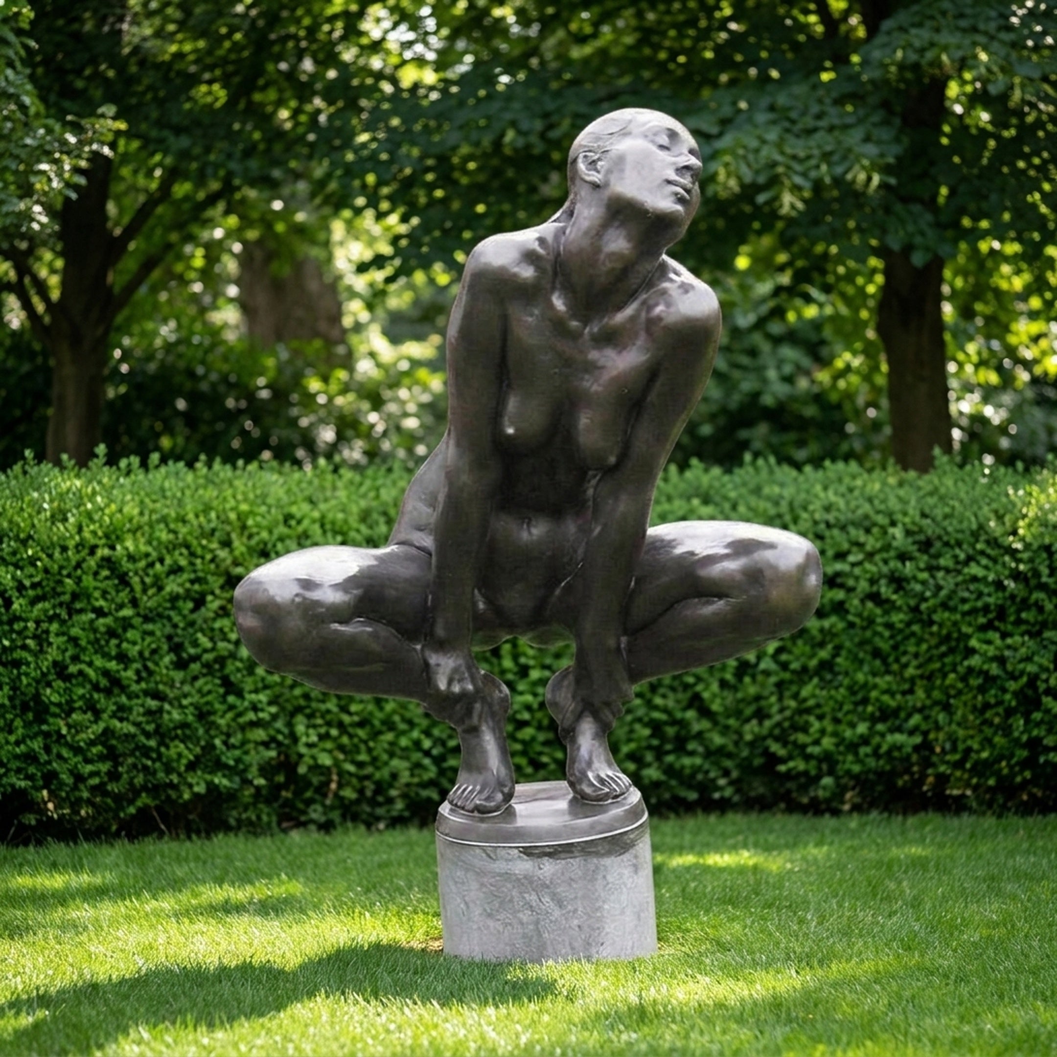 Life-Size Contemporary Crouching Female Figure Bronze Sculpture by Giant Sculptures, 140cm, dark patina nude on stone pedestal in a hedged garden.