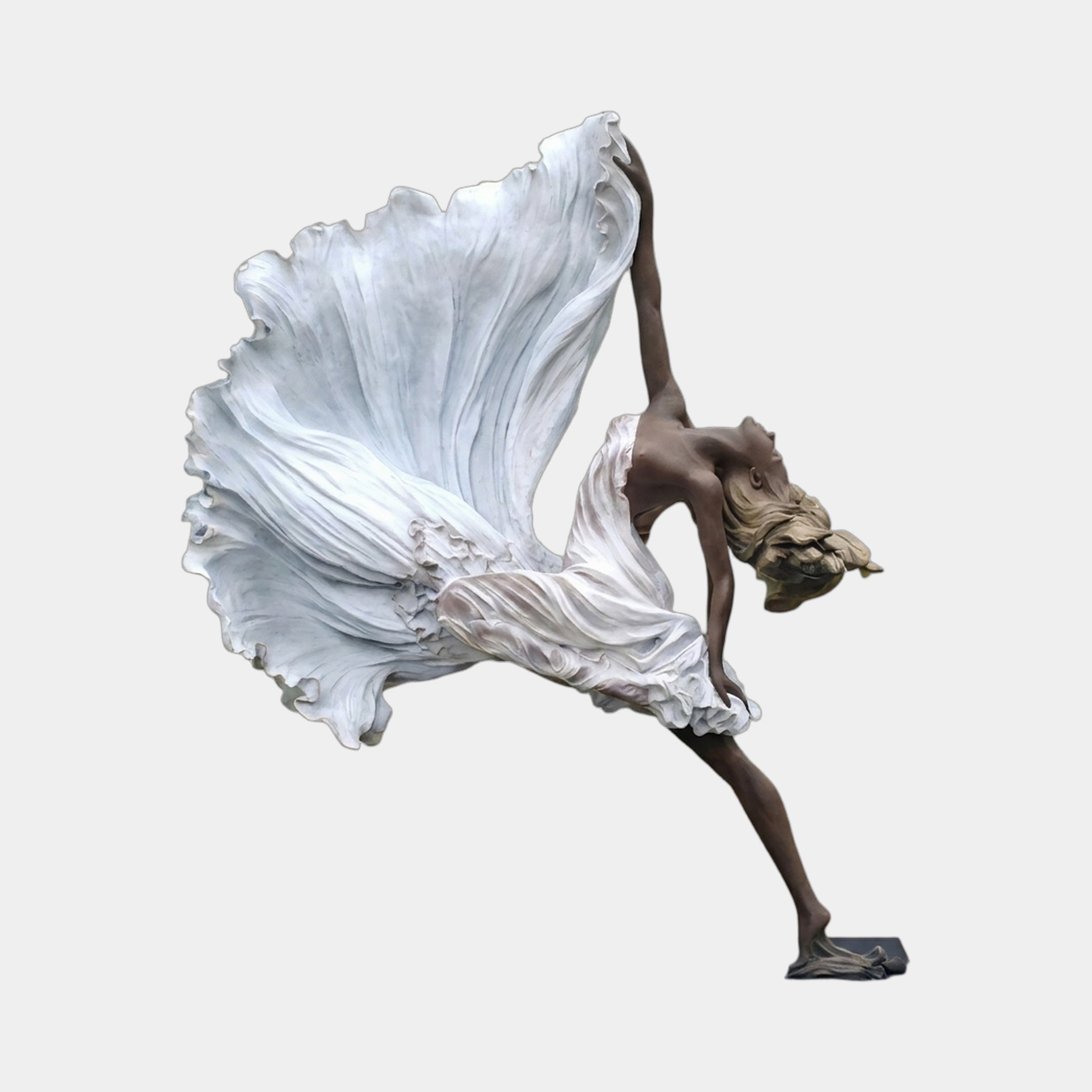 Life-Size Contemporary Dancing Female Figure Bronze Sculpture 220cm by Giant Sculptures, dancer on tiptoe with arched leg and white sweeping dress, plain background.
