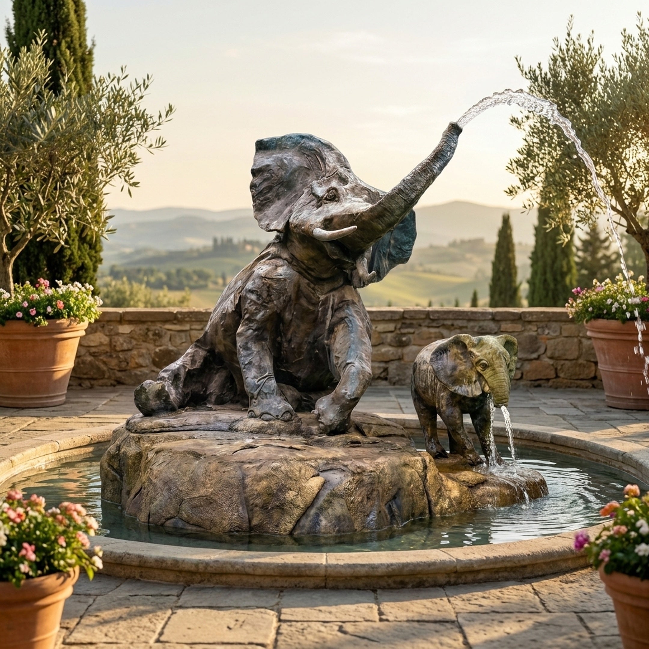 Life-Size Contemporary Elephant Bronze Fountain (Calf Companion) - 150cm