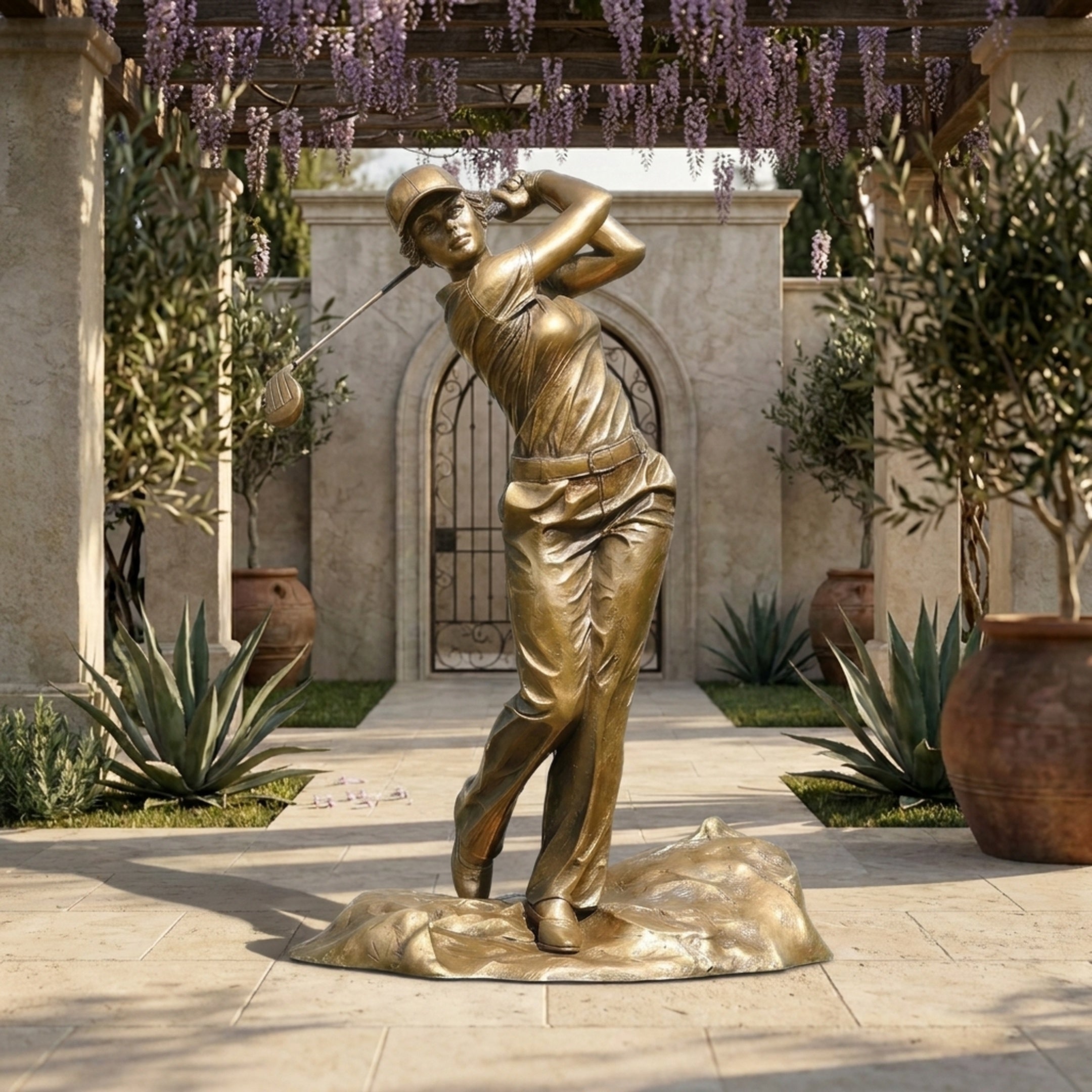 Life-Size Contemporary Female Golfer Bronze Sculpture by Giant Sculptures in follow-through swing pose, displayed on a stone patio beneath a wisteria-draped pergola.