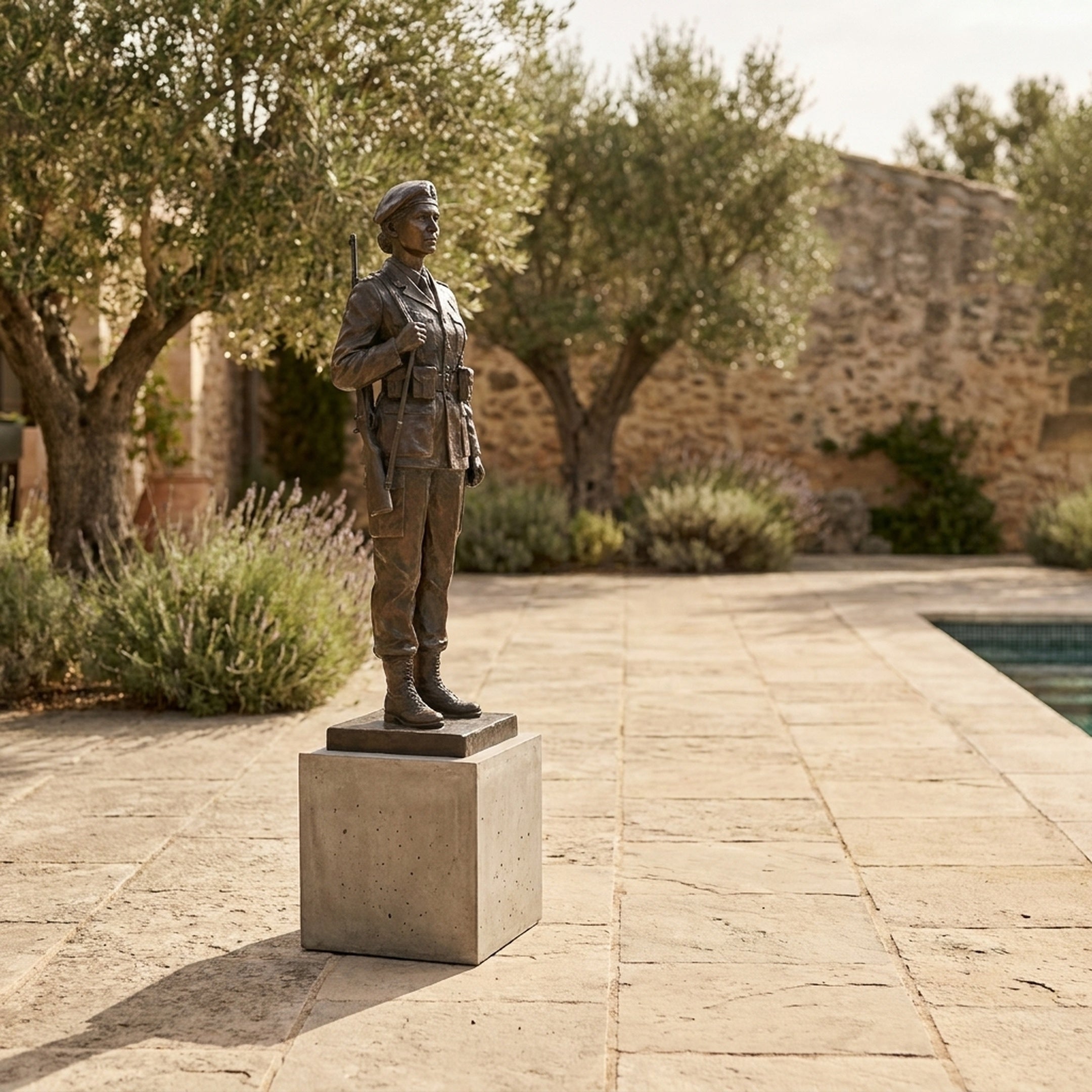 Life-Size Contemporary Female Soldier Bronze Statue by Giant Sculptures on a stone plinth in a sunlit courtyard with olive trees, lavender, and a pool.