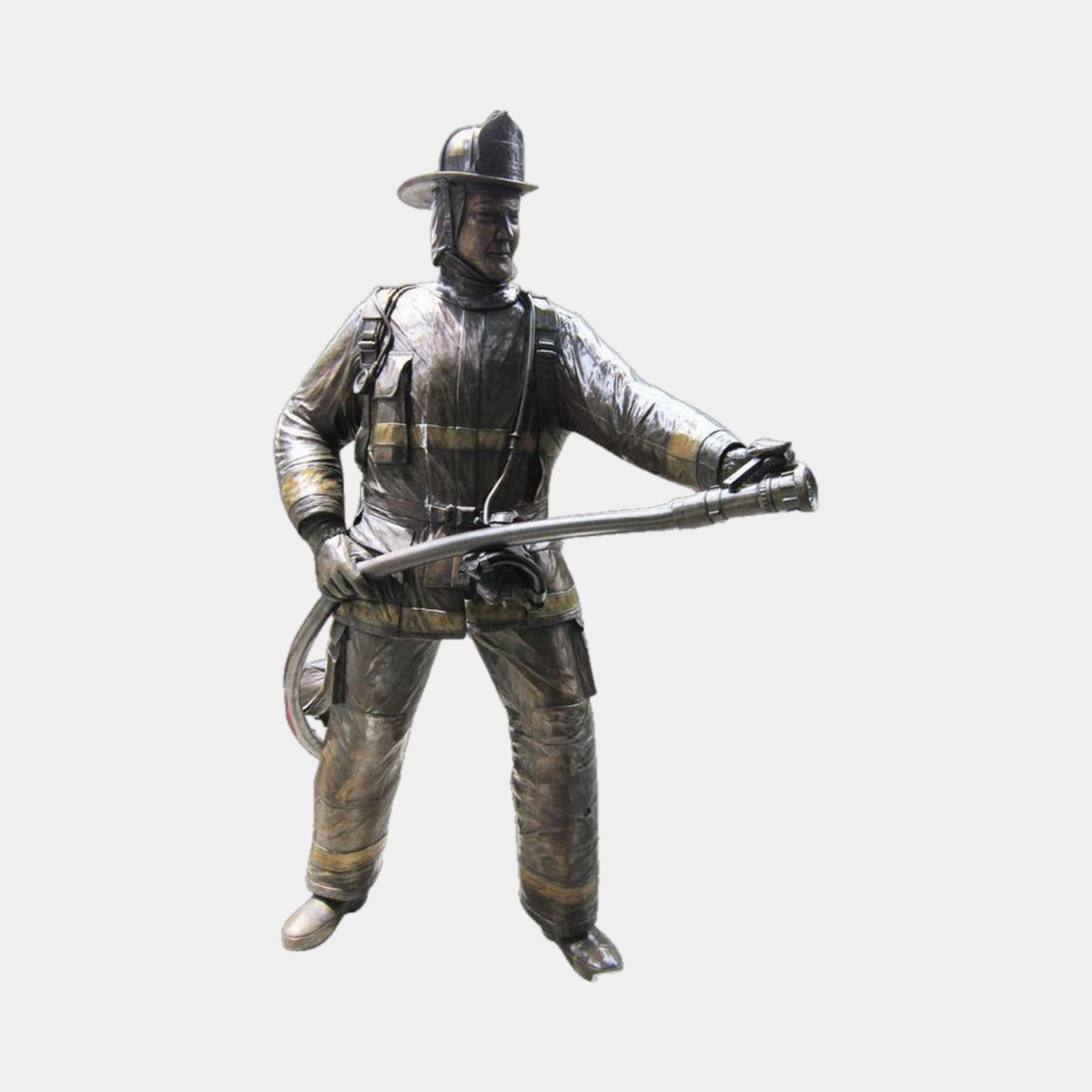 Life-Size Contemporary Fireman Bronze Statue by Giant Sculptures, 210cm figure in turnout gear gripping a hose nozzle, antique bronze and gold patina, plain background.