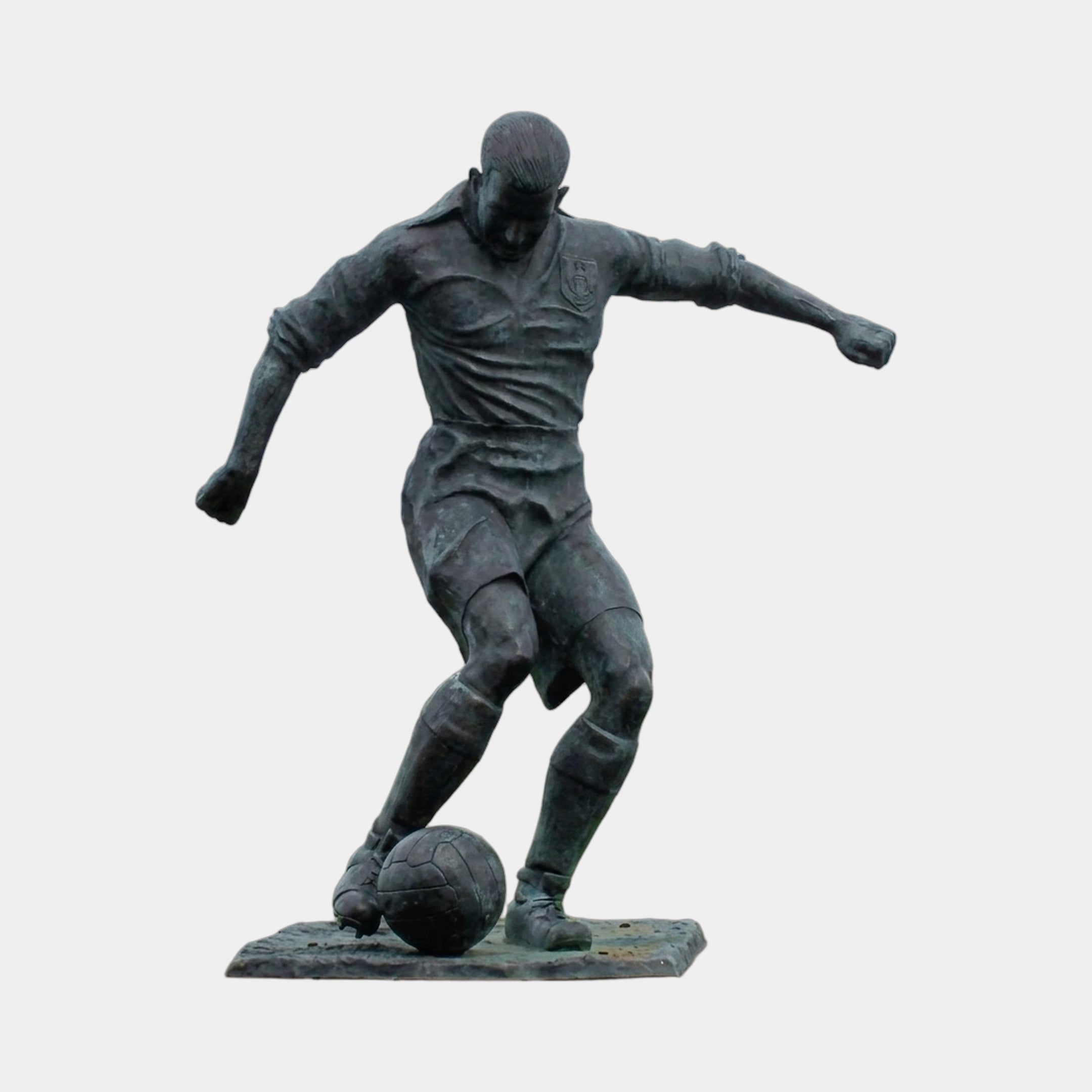 Giant Sculptures Life-Size Contemporary Football Player Bronze Sculpture 210cm, mid-kick pose with dark patina, shown on a plain light background.