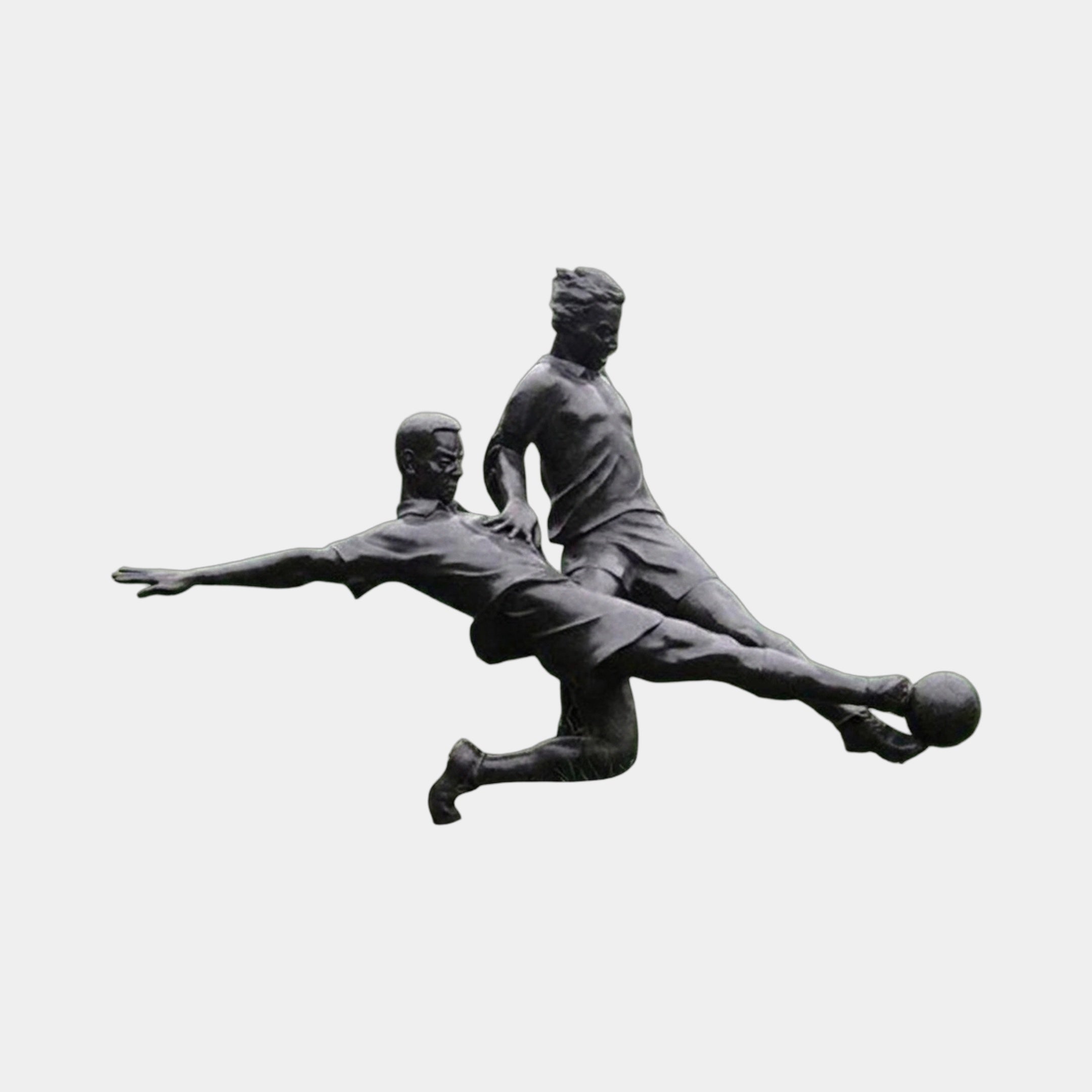 Life-Size Contemporary Football Players Bronze Sculpture by Giant Sculptures, dark patina figures mid-tackle with one airborne striking the ball, on plain background.