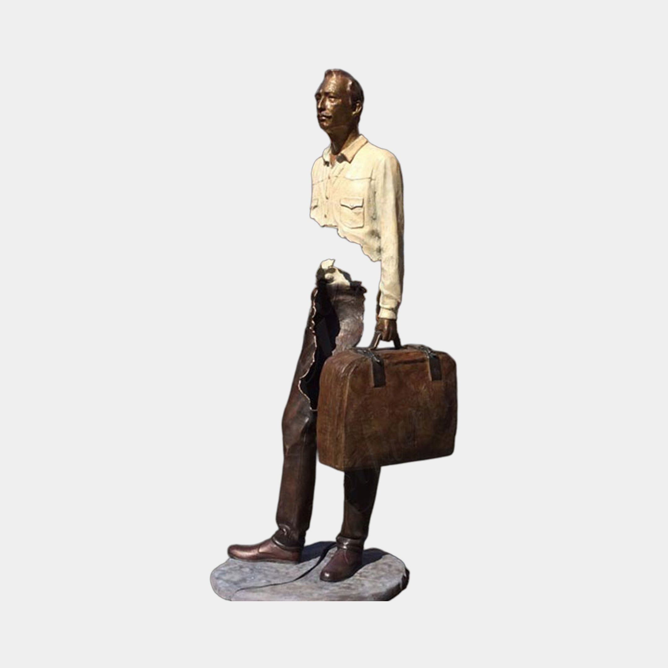 Giant Sculptures Life-Size Contemporary Fragmentary Traveller Bronze Sculpture 220cm, suited male mid-stride with briefcase, torso void, cream and brown patina.