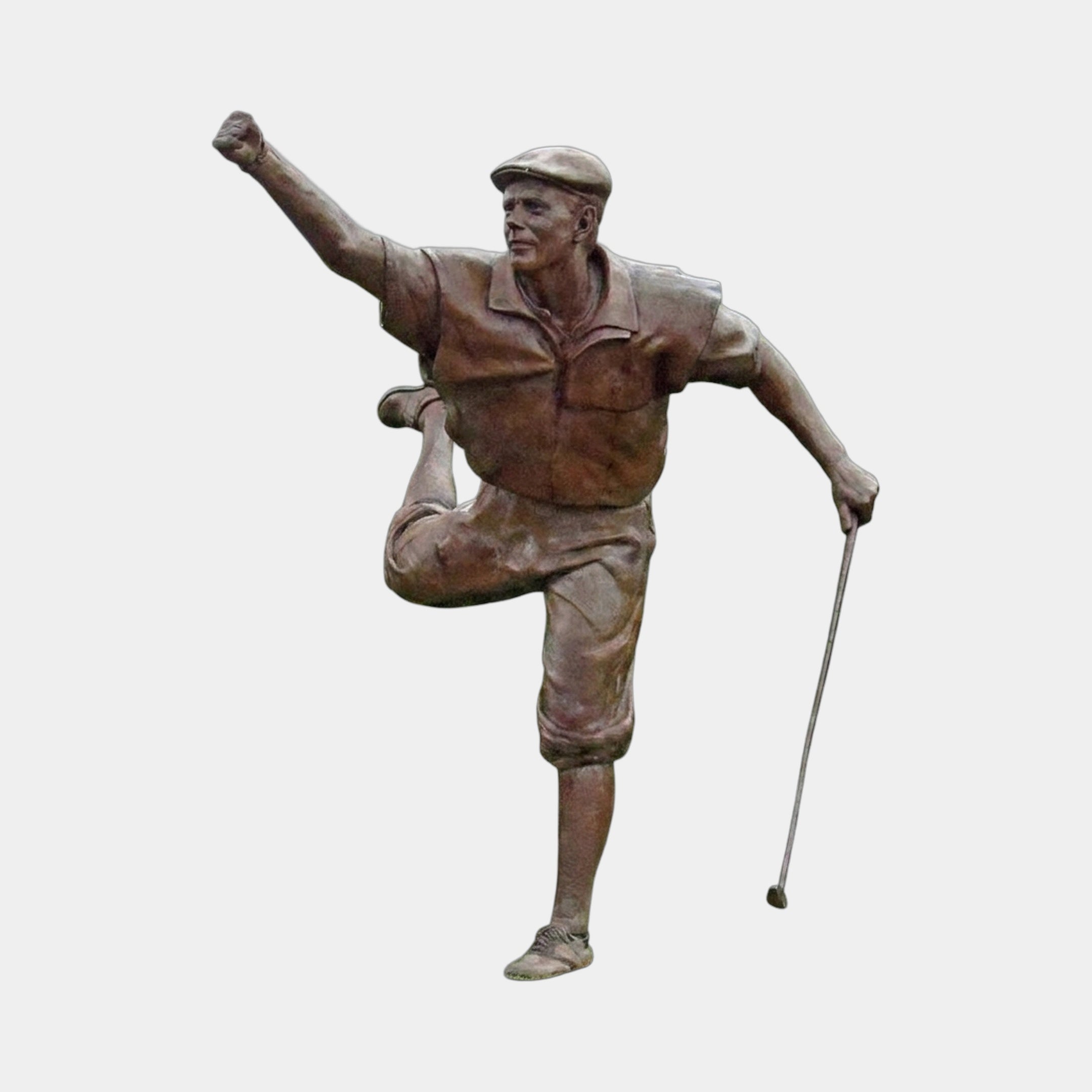 Life-Size Contemporary Golfer Bronze Sculpture 220cm by Giant Sculptures, warm brown patina figure mid follow-through with raised fist, lifted leg, club at side.