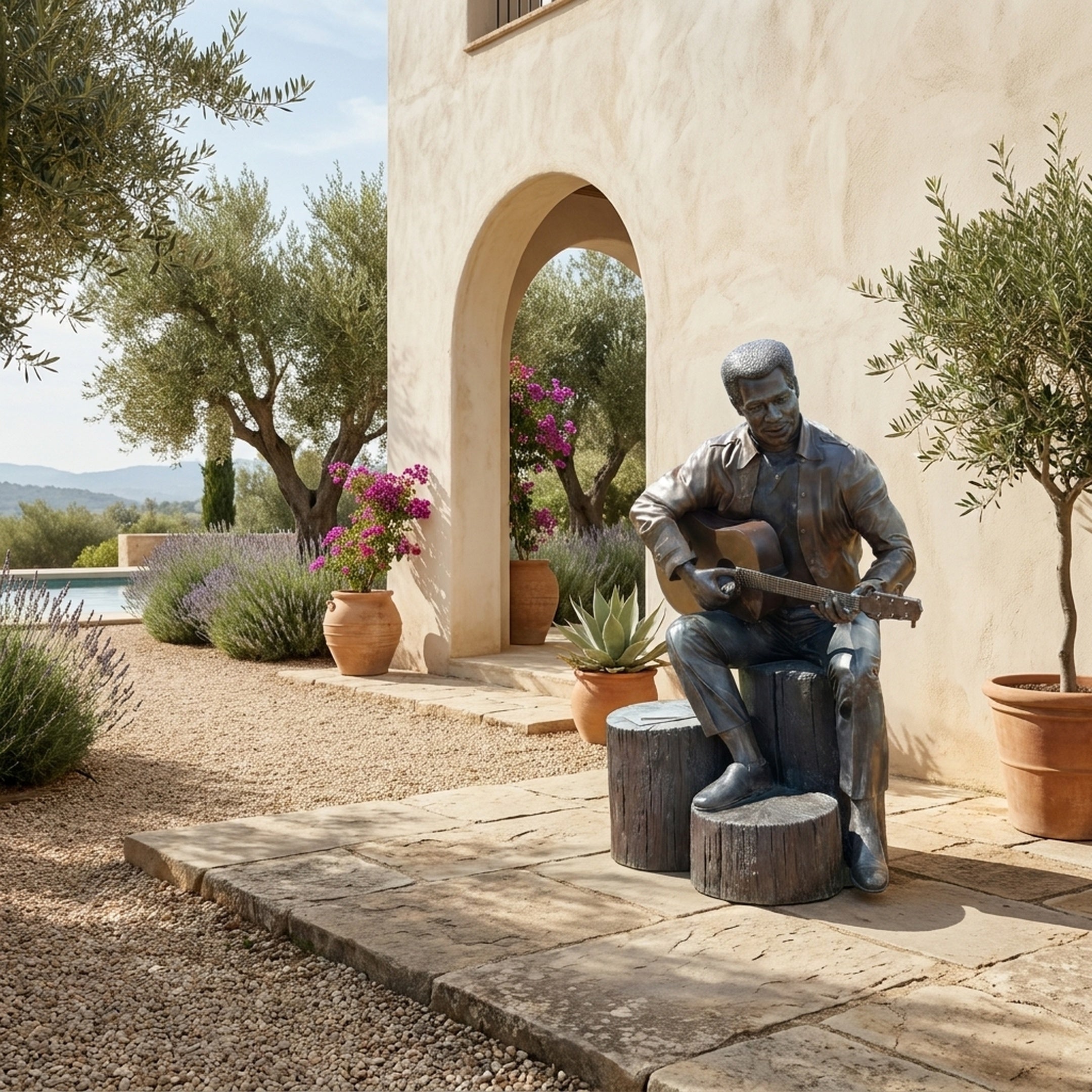 Life-Size Contemporary Guitarist Bronze Sculpture by Giant Sculptures seated on a stump playing guitar in a Mediterranean courtyard with olive trees.