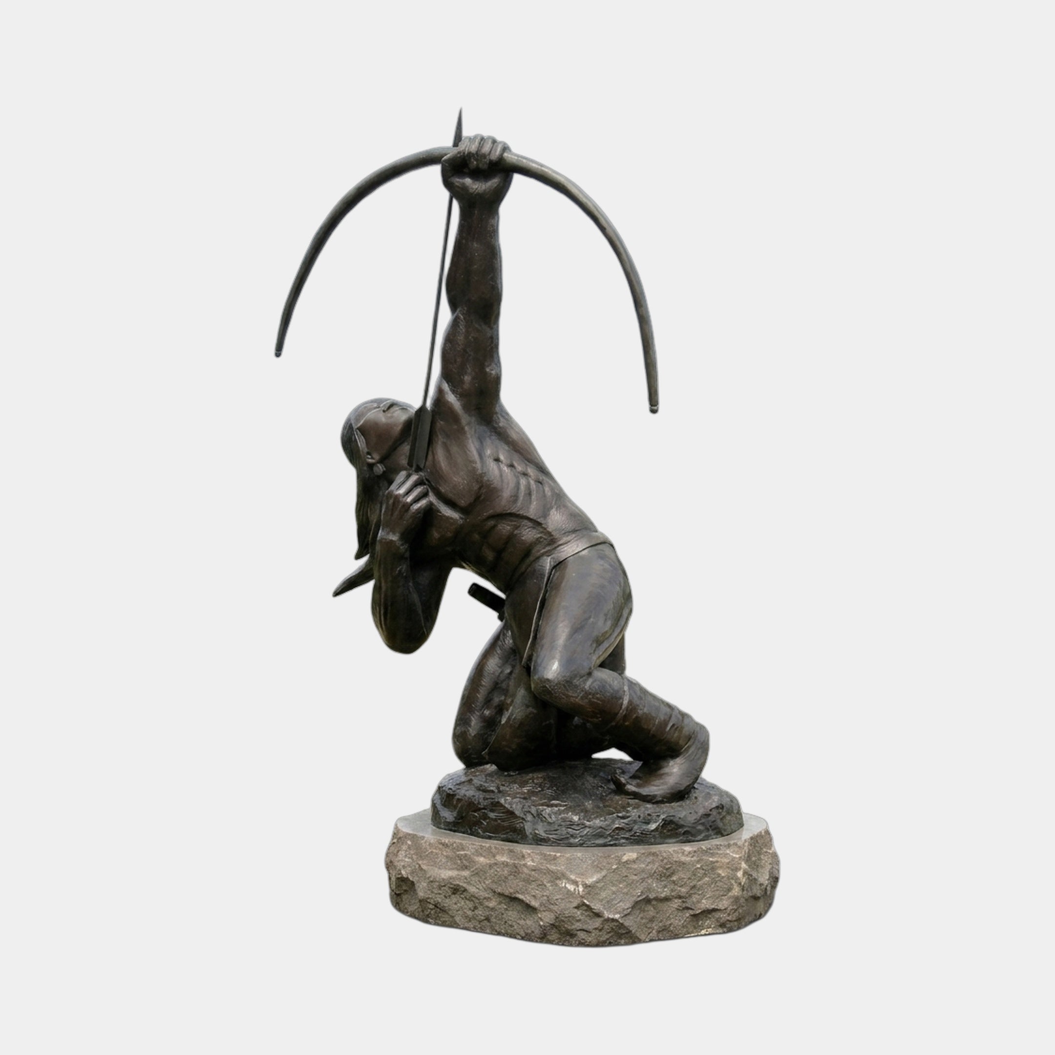 Giant Sculptures Life-Size Contemporary Kneeling Archer Bronze Sculpture 260cm, kneeling figure drawing a bow overhead, dark patina, stone base, plain background.
