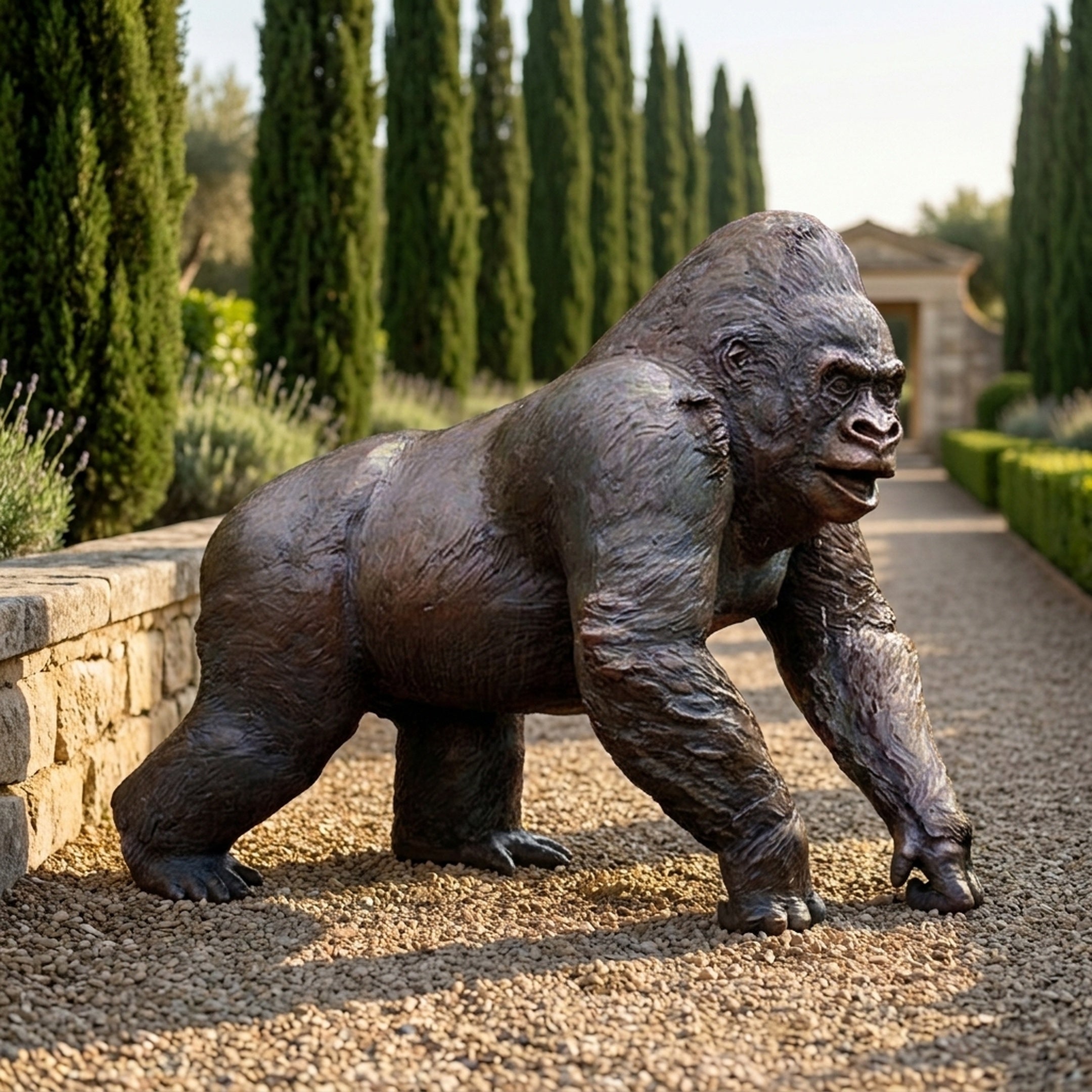 Life-Size Contemporary Knuckle-Walking Gorilla Bronze Sculpture by Giant Sculptures in side profile on gravel path beside a stone wall lined with cypress trees.