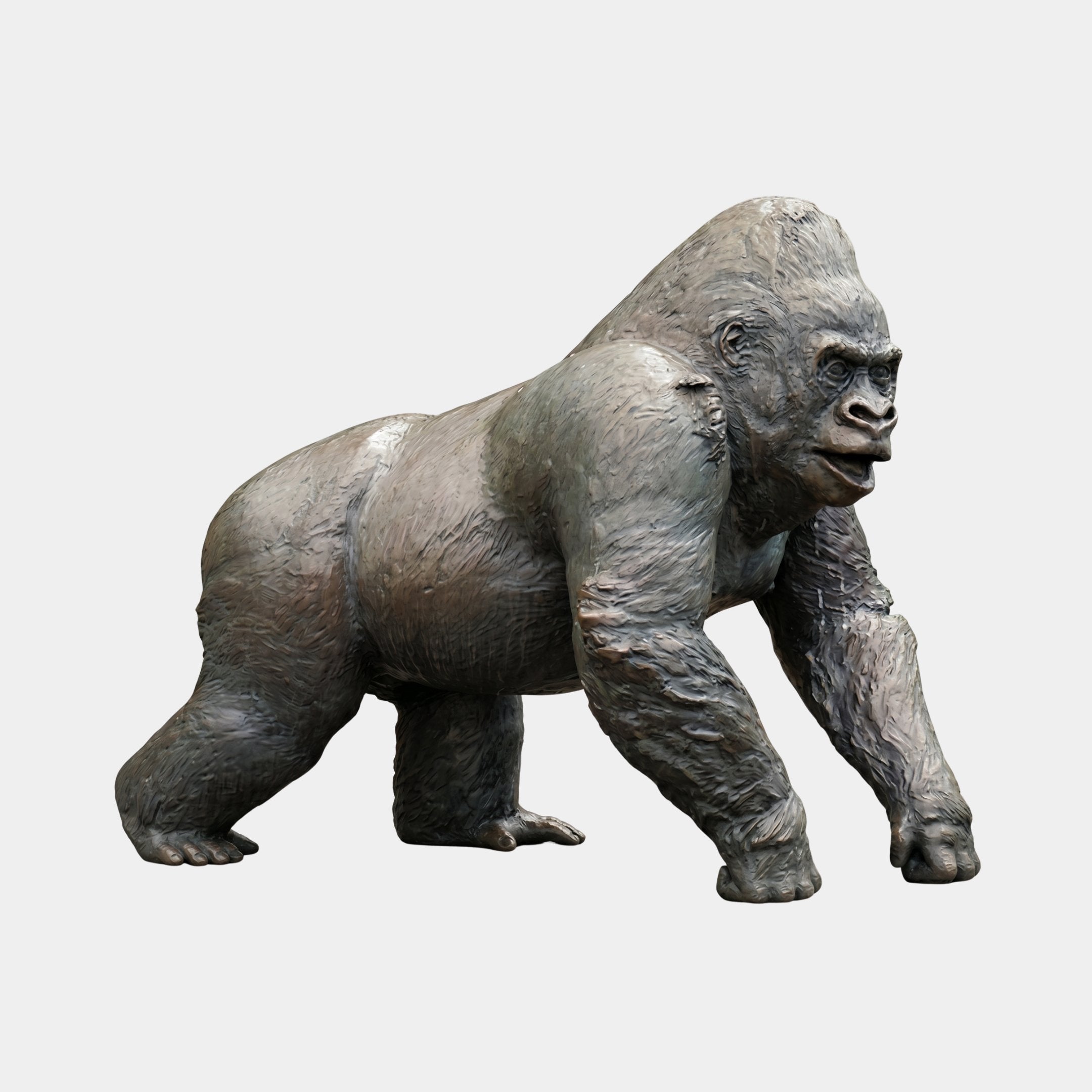 Life-Size Contemporary Knuckle-Walking Gorilla Bronze Sculpture by Giant Sculptures, 180cm silverback in mid-stride with dark patinated finish, shown on a plain background.