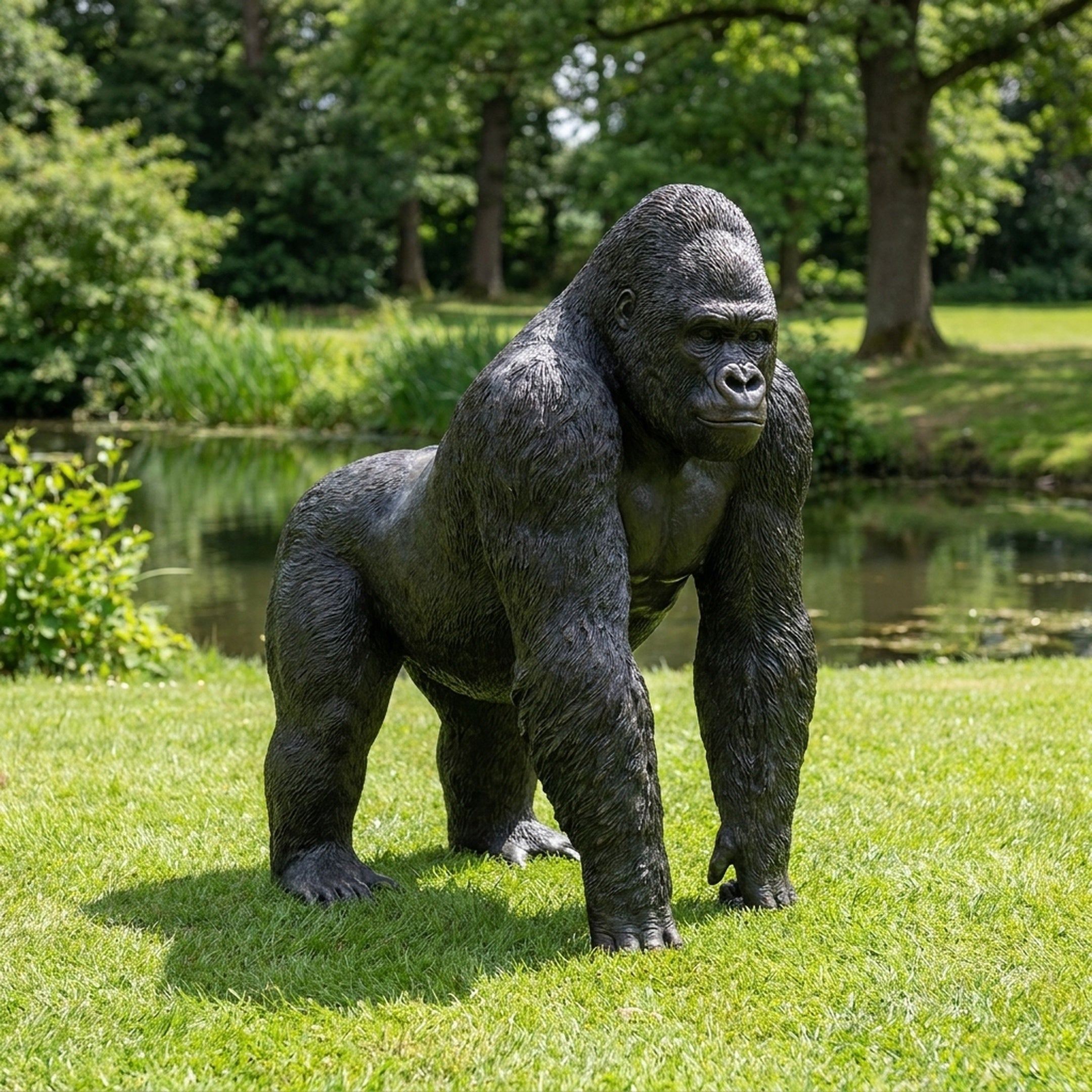 Life-Size Knuckle-Walking Gorilla Bronze Sculpture by Giant Sculptures in dark patina, shown on a lawn beside a pond with mature trees behind.