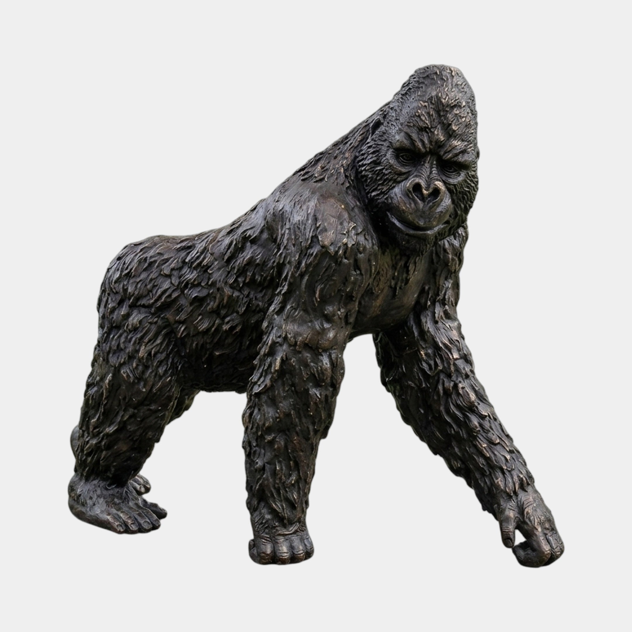 Life-Size Contemporary Knuckle-Walking Gorilla Bronze Sculpture by Giant Sculptures in dark patina, shown in knuckle-walking pose against a plain background.