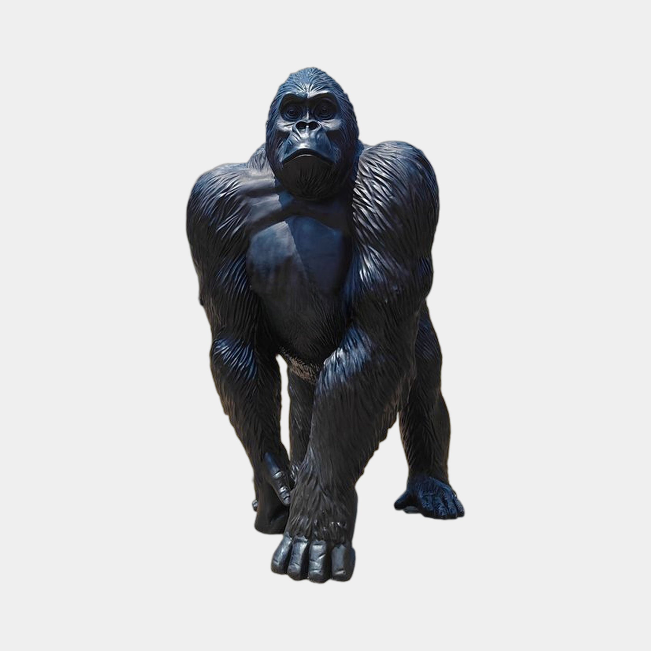 Life-Size Contemporary Knuckle-Walking Gorilla Bronze Sculpture 220cm by Giant Sculptures, front view in dark patina with raised head, on a plain background.