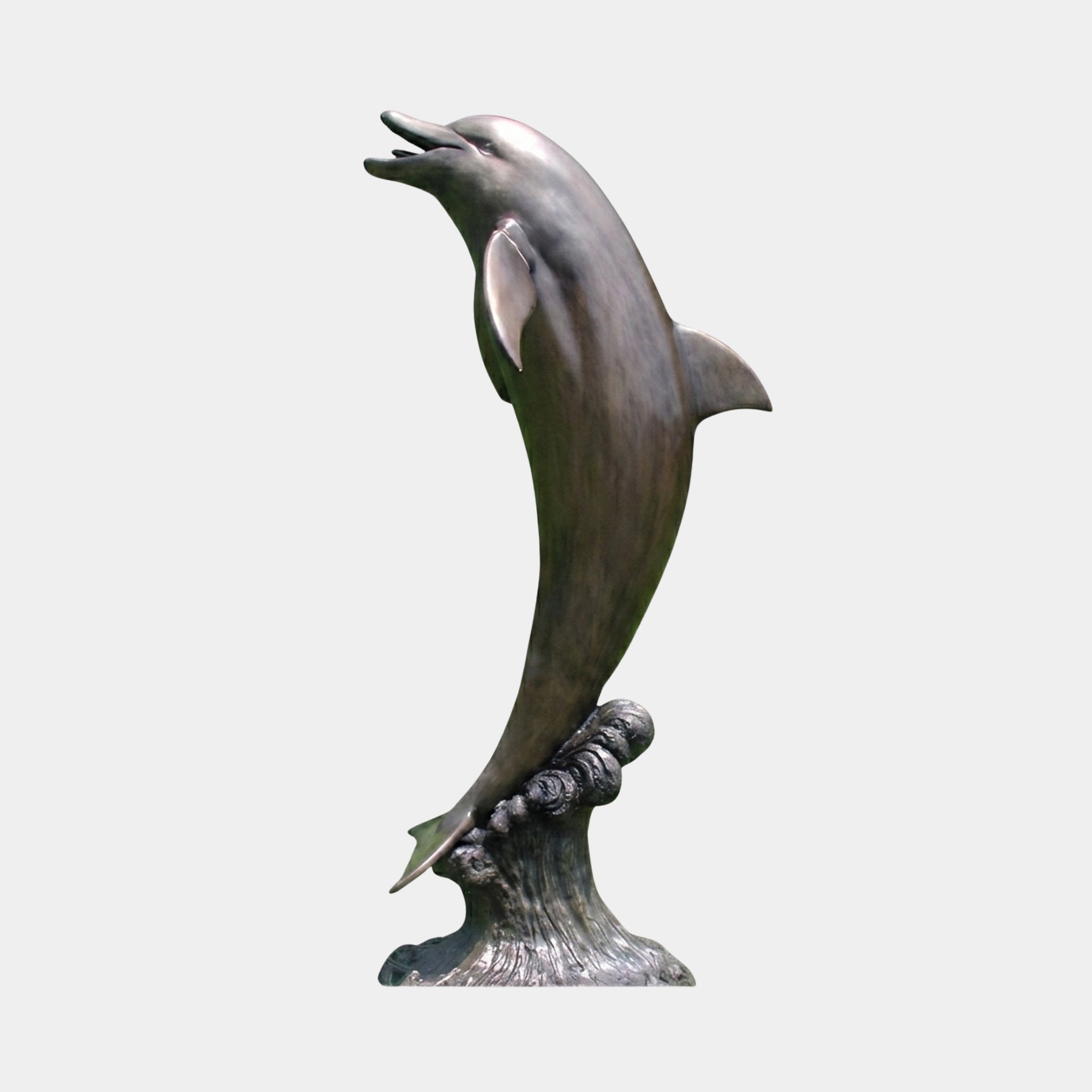 Life-Size Contemporary Leaping Dolphin Bronze Sculpture, 250cm, arched mid-leap on a coral and wave-form base, warm bronze patina, plain light grey background.