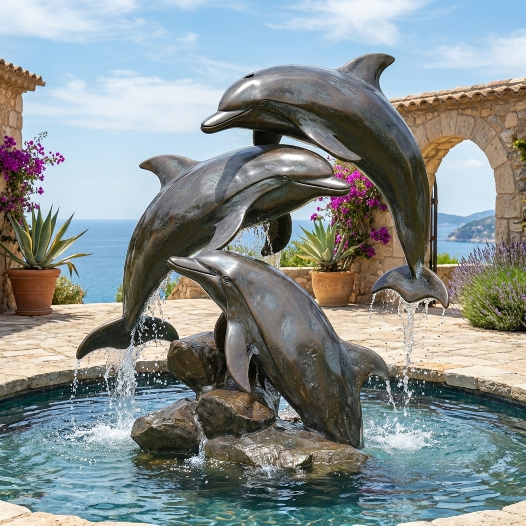 Life-Size Contemporary Leaping Dolphins Bronze Fountain by Giant Sculptures with three dolphins cascading from a rocky base in a seaside pool.