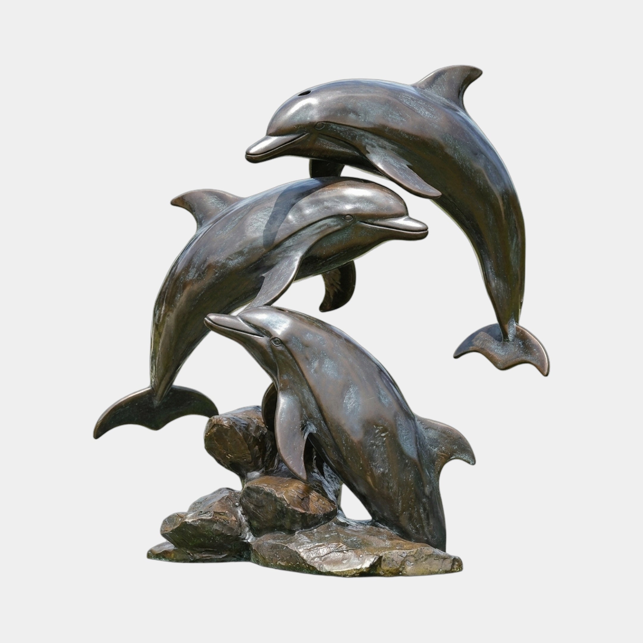 Life-Size Contemporary Leaping Dolphins Bronze Fountain by Giant Sculptures, three dolphins arching diagonally upward from a rocky base, shown on a plain background.
