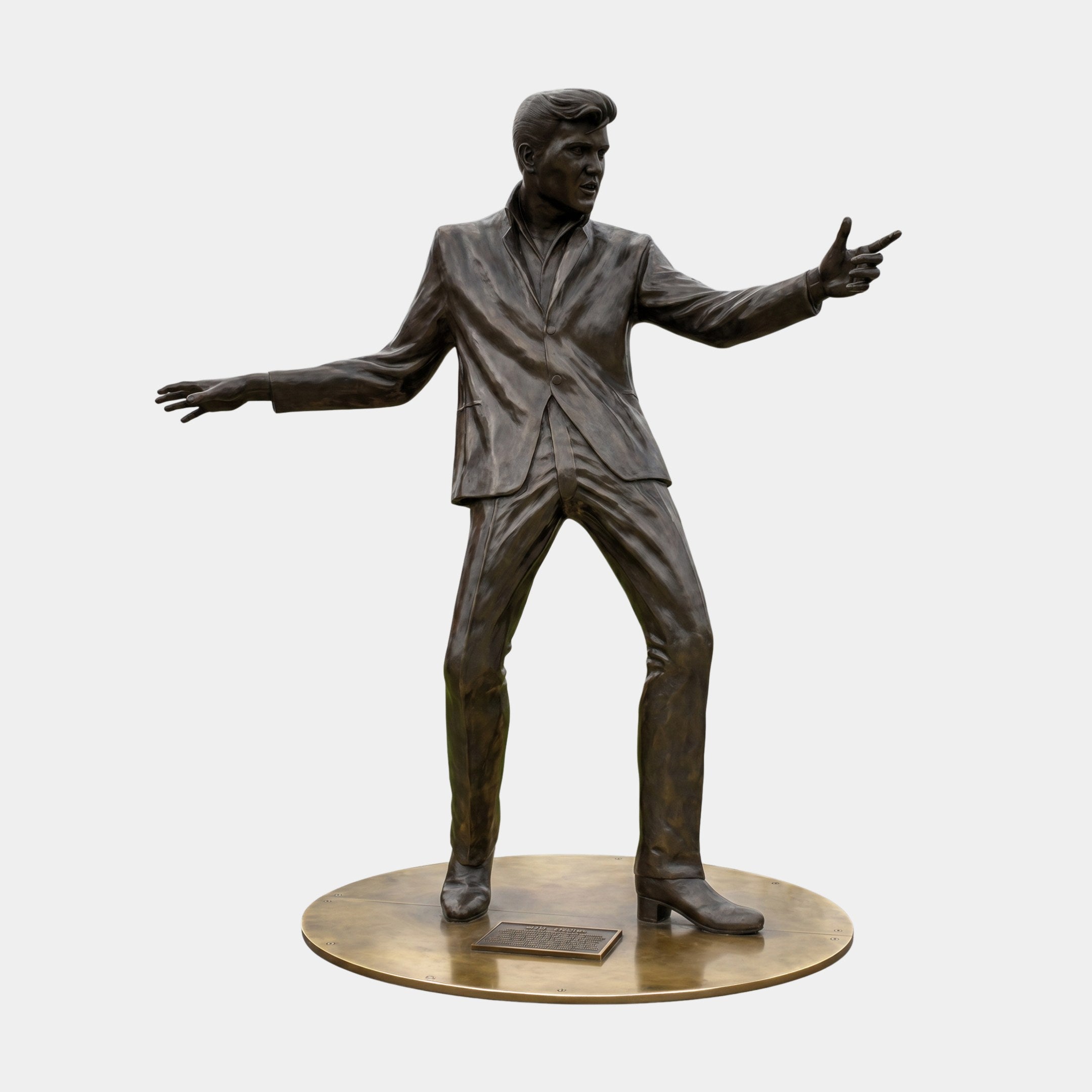 Life-Size Contemporary Male Figure Bronze Sculpture by Giant Sculptures, 200cm suited figure with arms outstretched and dark brown patina on a round base.