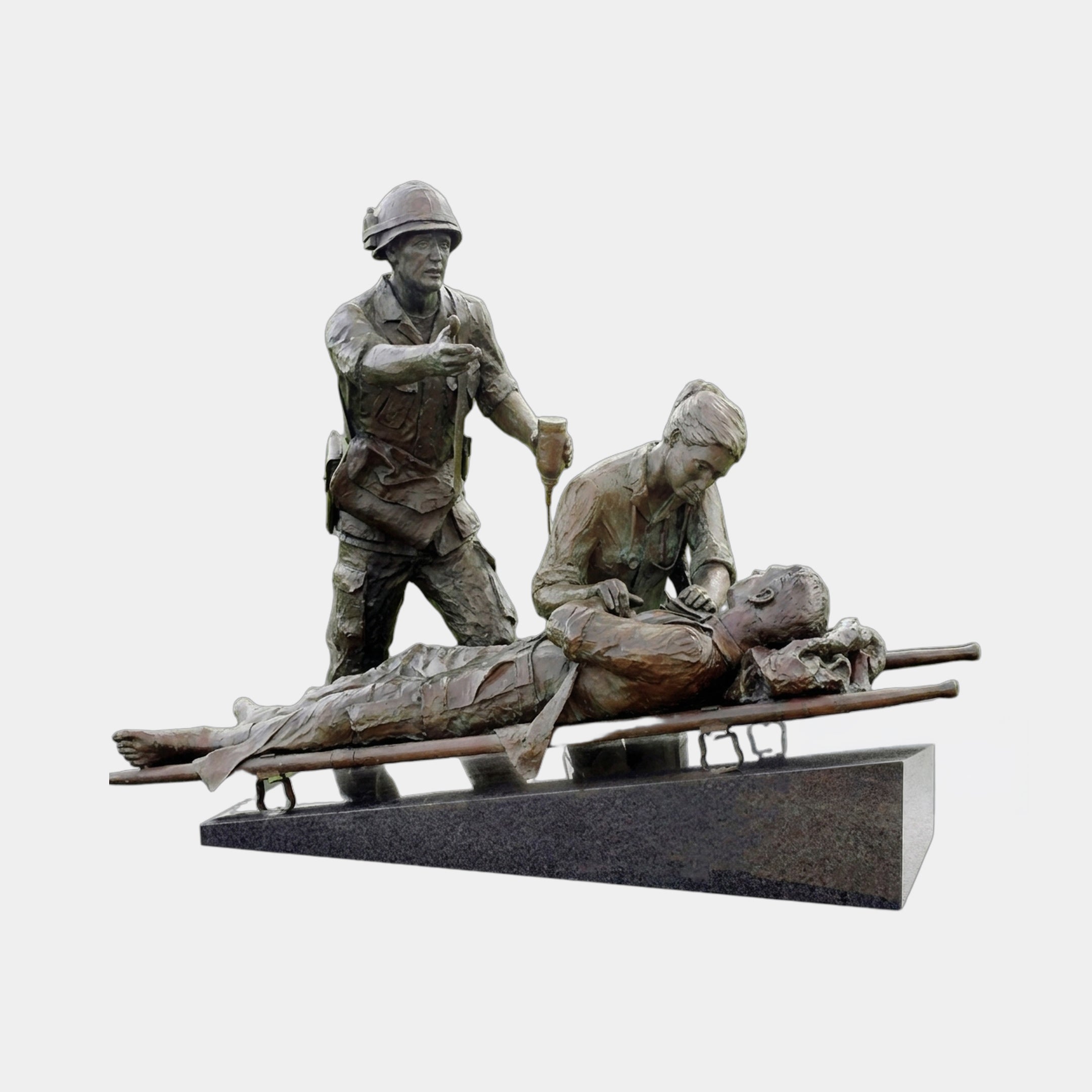 Giant Sculptures Life-Size Military Nurse and Wounded Soldier bronze, 280cm, with helmeted soldier, kneeling nurse, and stretcher figure on an angled granite plinth.