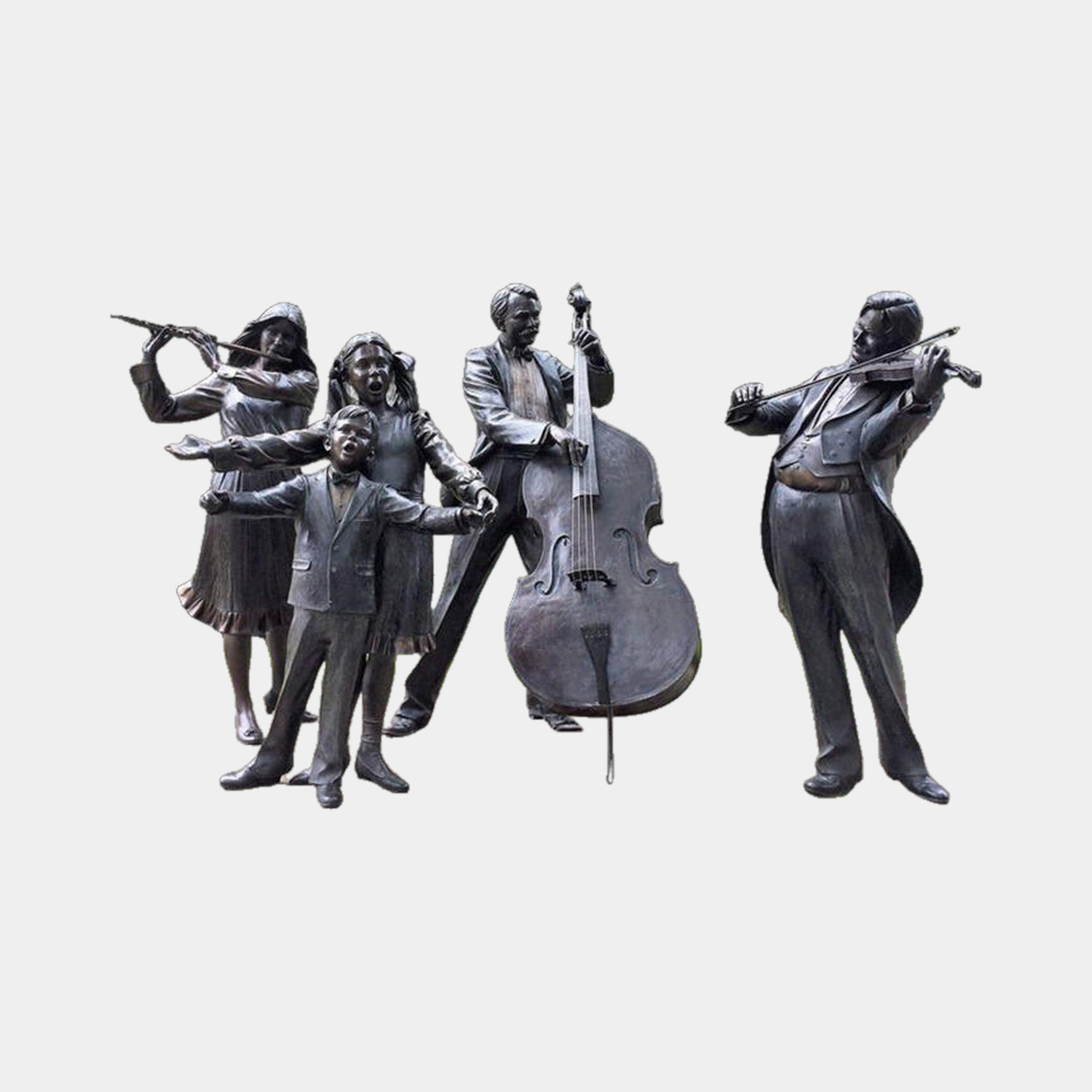 Life-Size Contemporary Musicians and Singing Children Bronze Sculpture by Giant Sculptures, 240cm group of flautist, double bassist, violinist and two singing children in dark patina.
