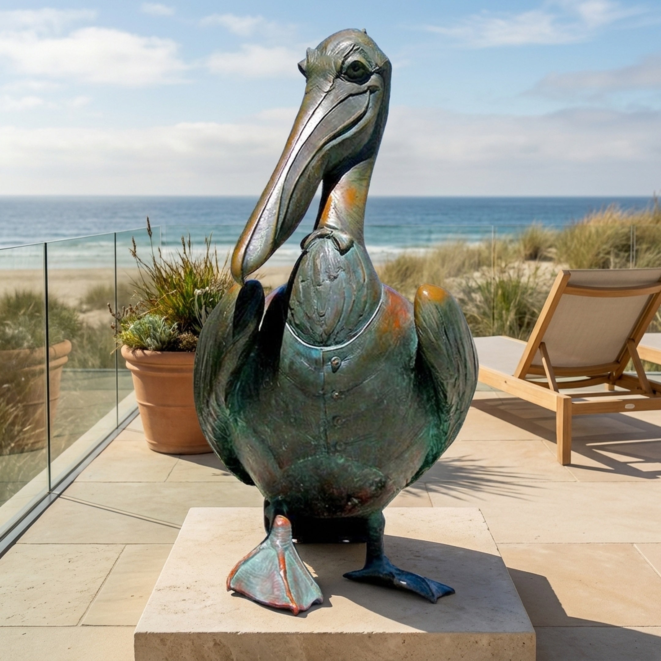 Life-Size Contemporary Pelican Bronze Sculpture by Giant Sculptures with verdigris patina and waistcoat detail, displayed on a stone base on a beachside terrace.