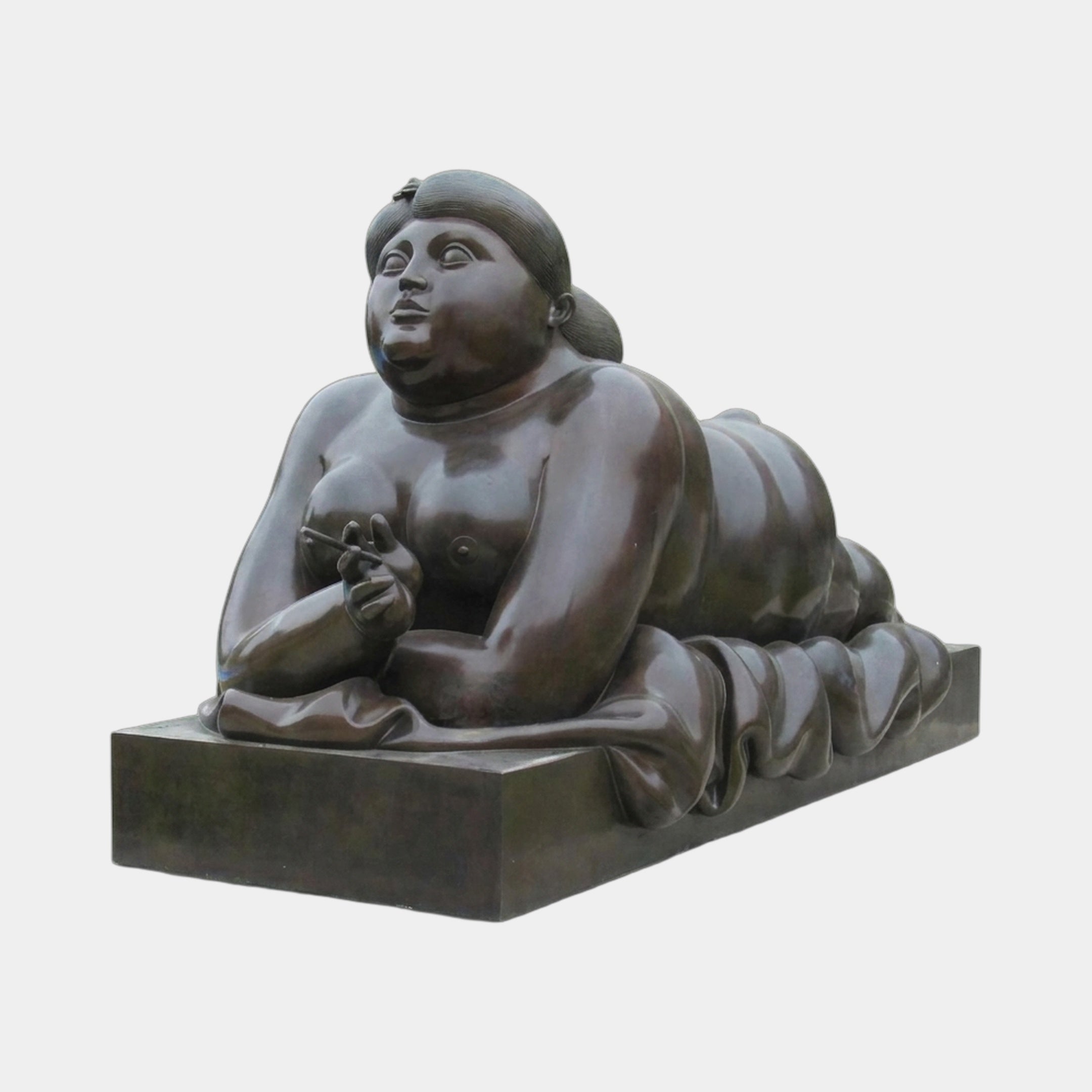 Life-Size Contemporary Reclining Female Figure Bronze Sculpture by Giant Sculptures, 180cm, dark brown patina, voluminous nude resting on a rectangular plinth.
