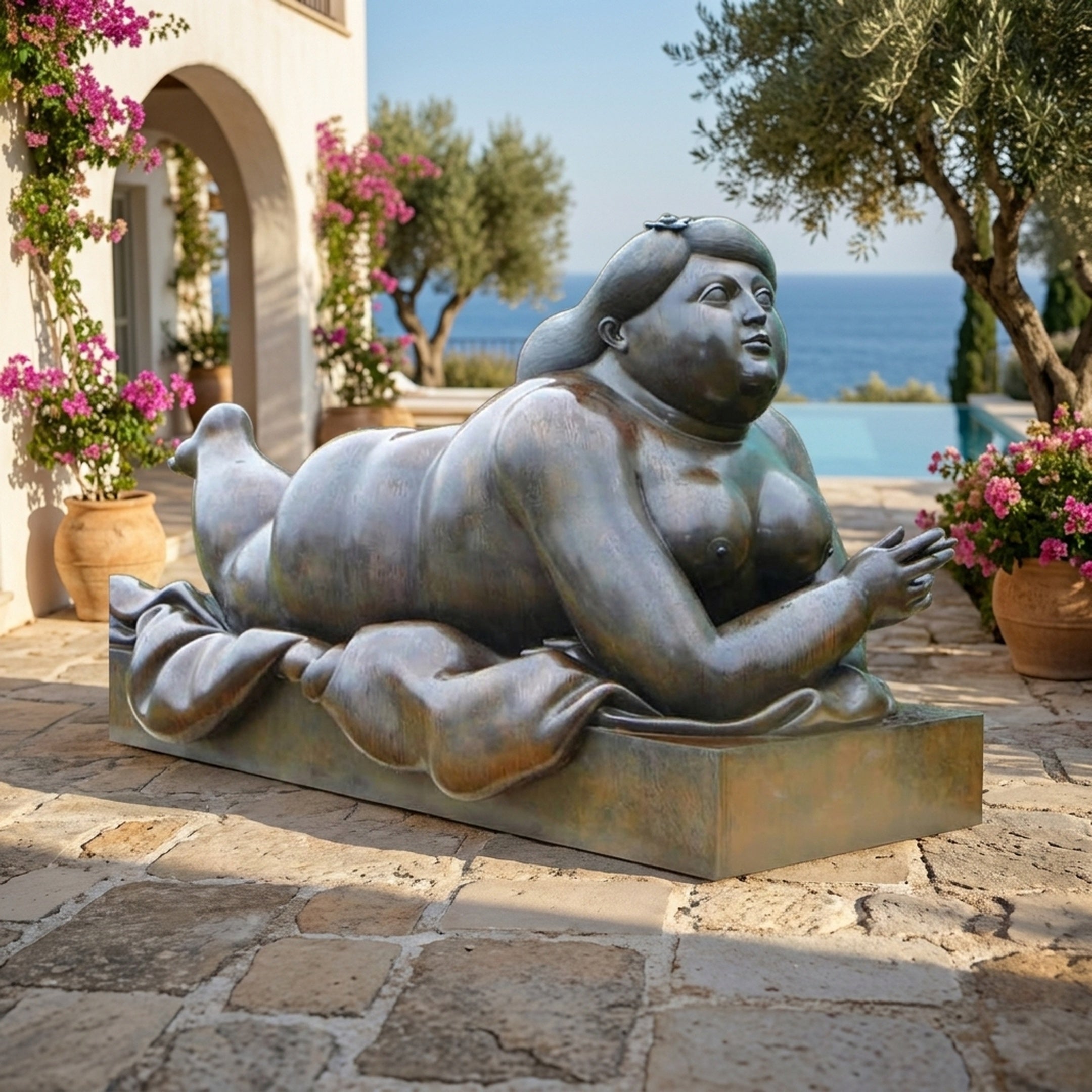 Life-Size Contemporary Reclining Woman Bronze Sculpture by Giant Sculptures, 200cm, displayed on a Mediterranean stone terrace with bougainvillea, olive trees, and sea view.