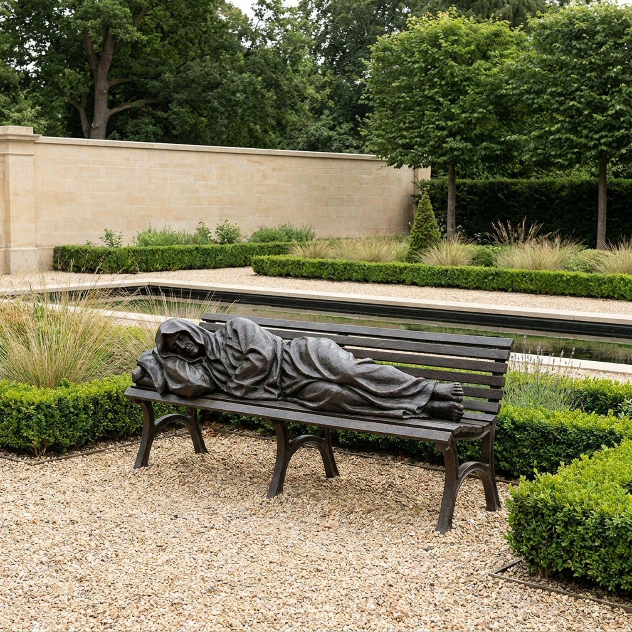 Life-Size Contemporary Robed Figure on Bench Bronze Sculpture by Giant Sculptures, dark patina hooded figure lying across the bench in a formal garden.