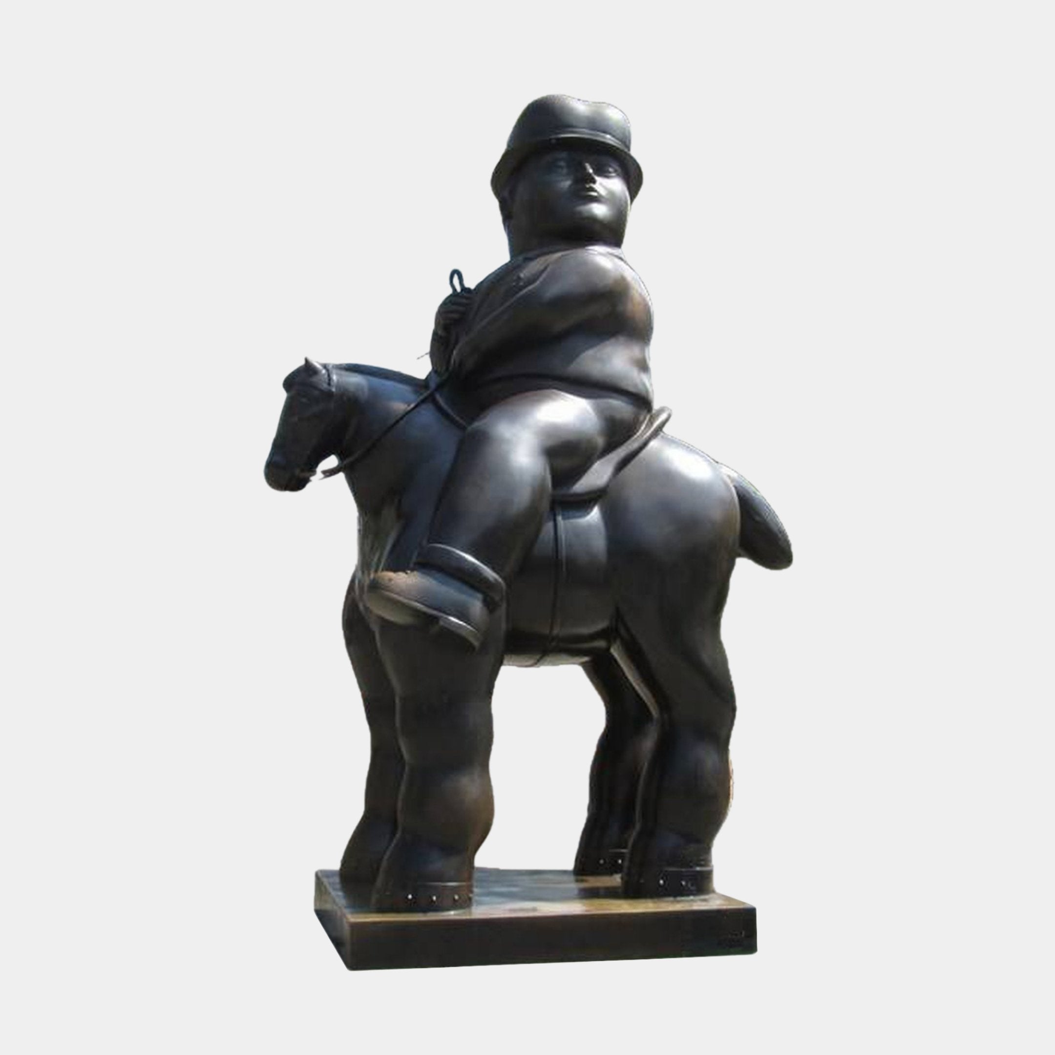 Life-Size Contemporary Rotund Rider and Horse Bronze Sculpture by Giant Sculptures, 200cm, dark patina figure in bowler hat seated on a compact horse.