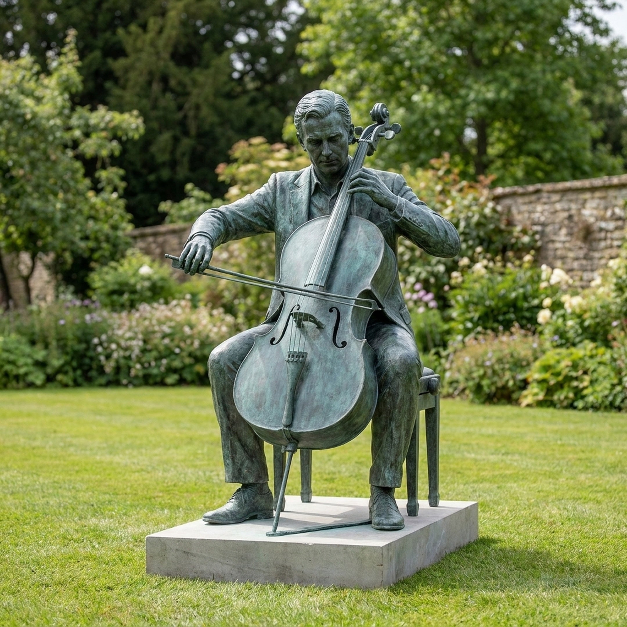 Life-Size Contemporary Seated Cellist Bronze Sculpture 190cm by Giant Sculptures with verdigris patina, shown on a stone plinth in a garden lawn setting.